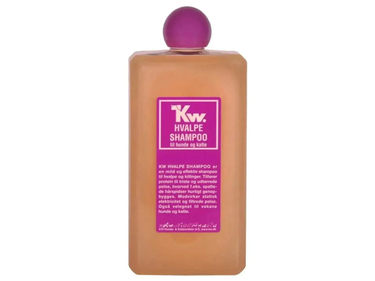 KW Protein Hvalpeshampo, 200ml, 500ml eller 1000ml, med oransje væske og lilla etikett/kork.