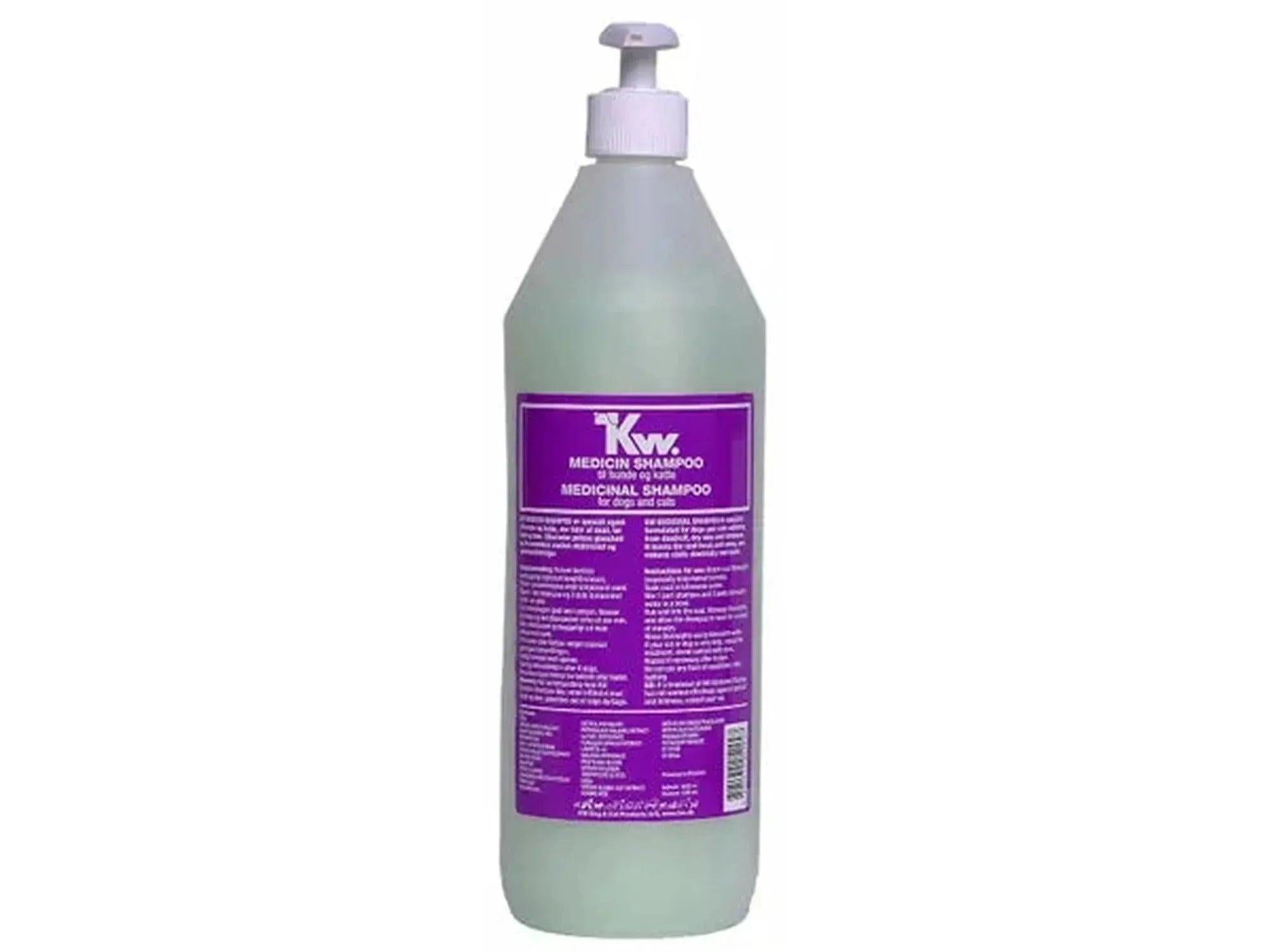 KW Medisinshampo 1000 ml flaske med pumpe, lilla etikett, grønn væske.