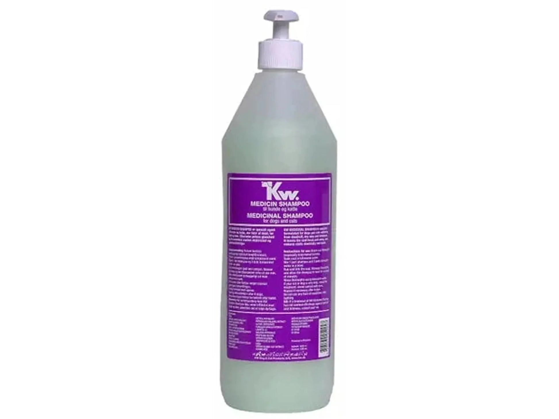 KW Medisinshampo 1000 ml flaske med pumpe, lilla etikett, grønn væske.