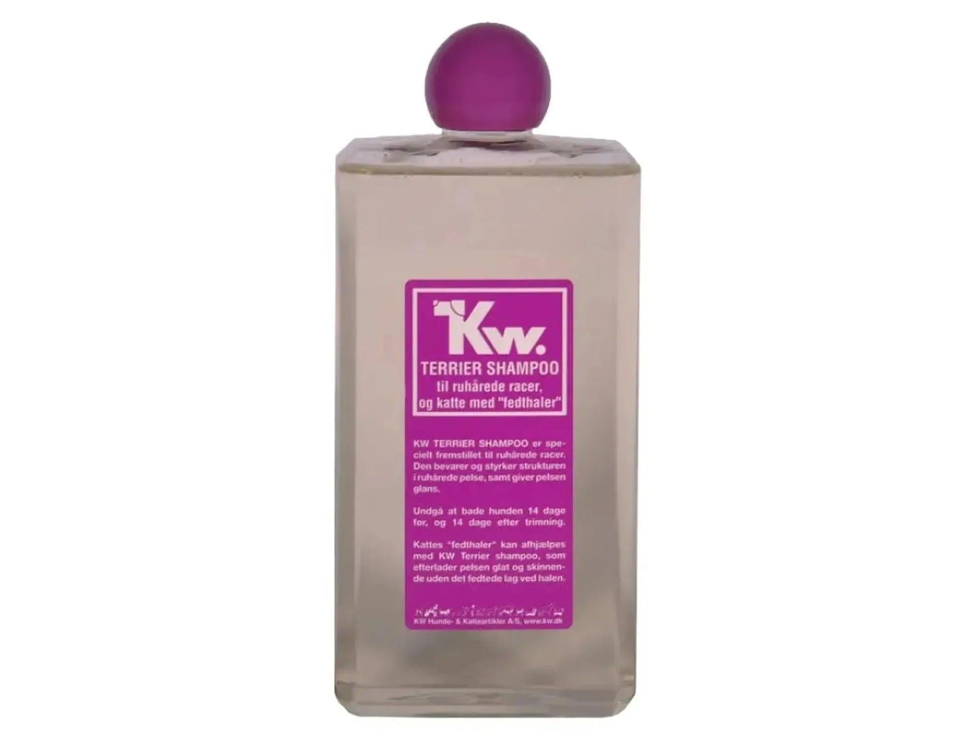 KW Terrier Shampoo flaske med lilla kork og etikett for strihåret pels.