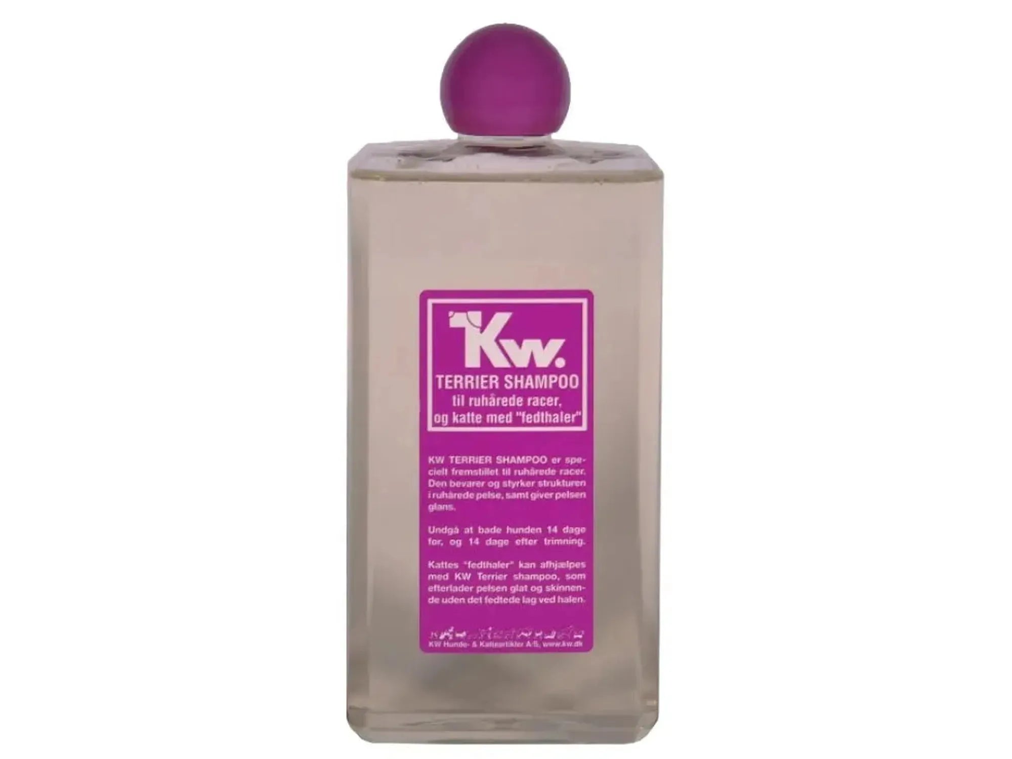 KW Terrier Shampoo flaske med lilla kork og etikett for strihåret pels.
