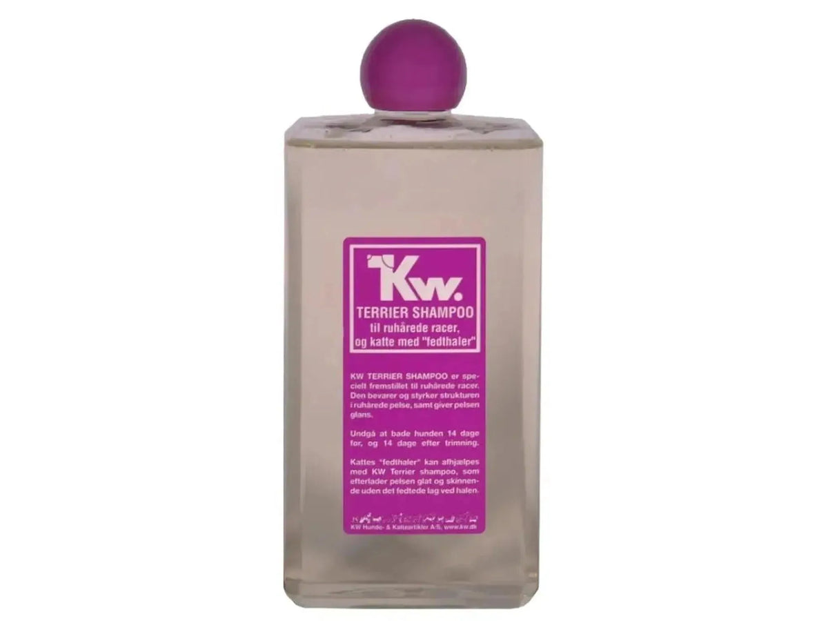 KW Terrier Shampoo flaske med lilla kork og etikett for strihåret pels.