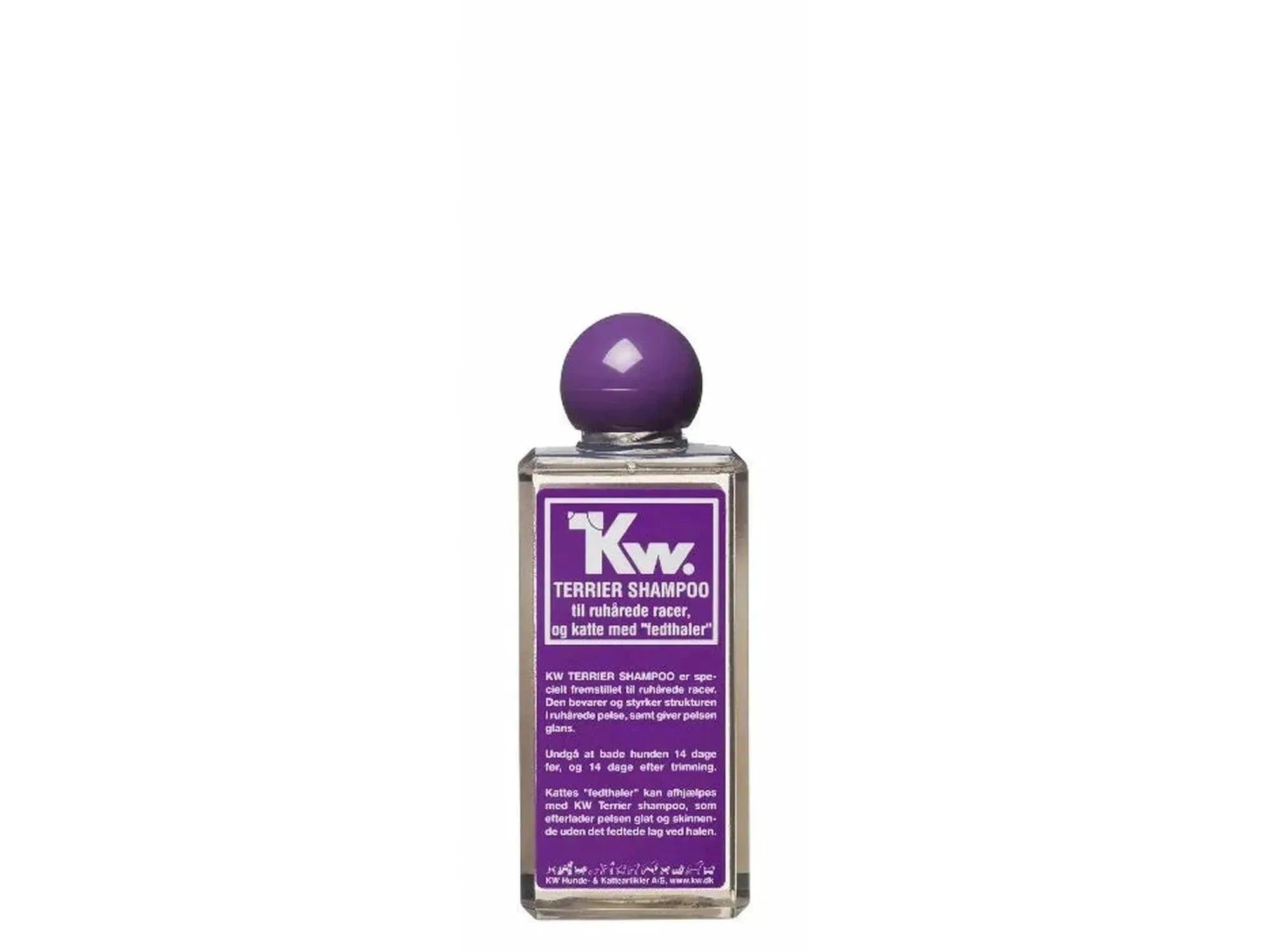 KW Terriersjampo 200ml flaske med lilla etikett og kork, for strihåret pels og fetthale.