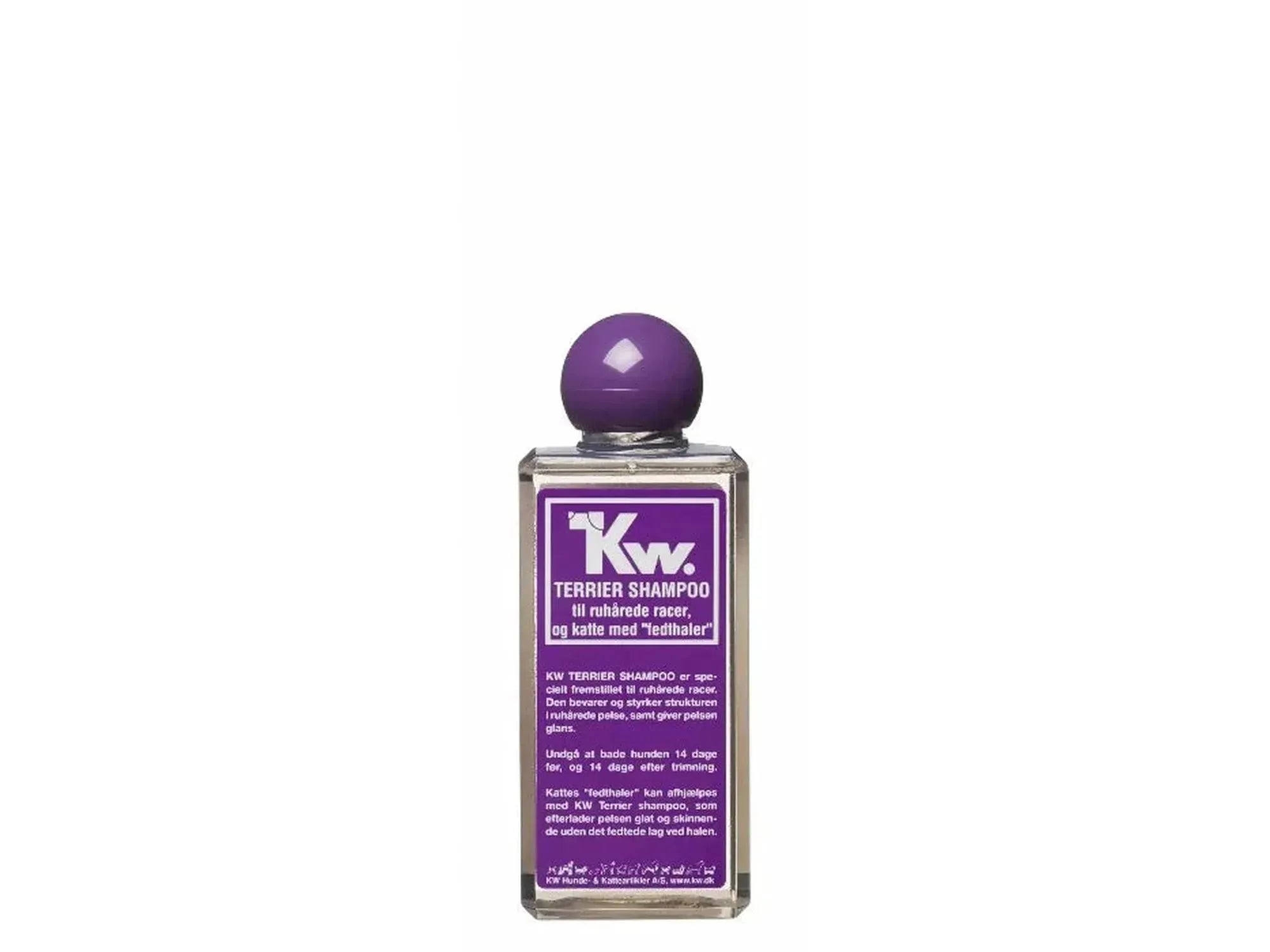 KW Terriersjampo 200ml flaske med lilla etikett og kork, for strihåret pels og fetthale.