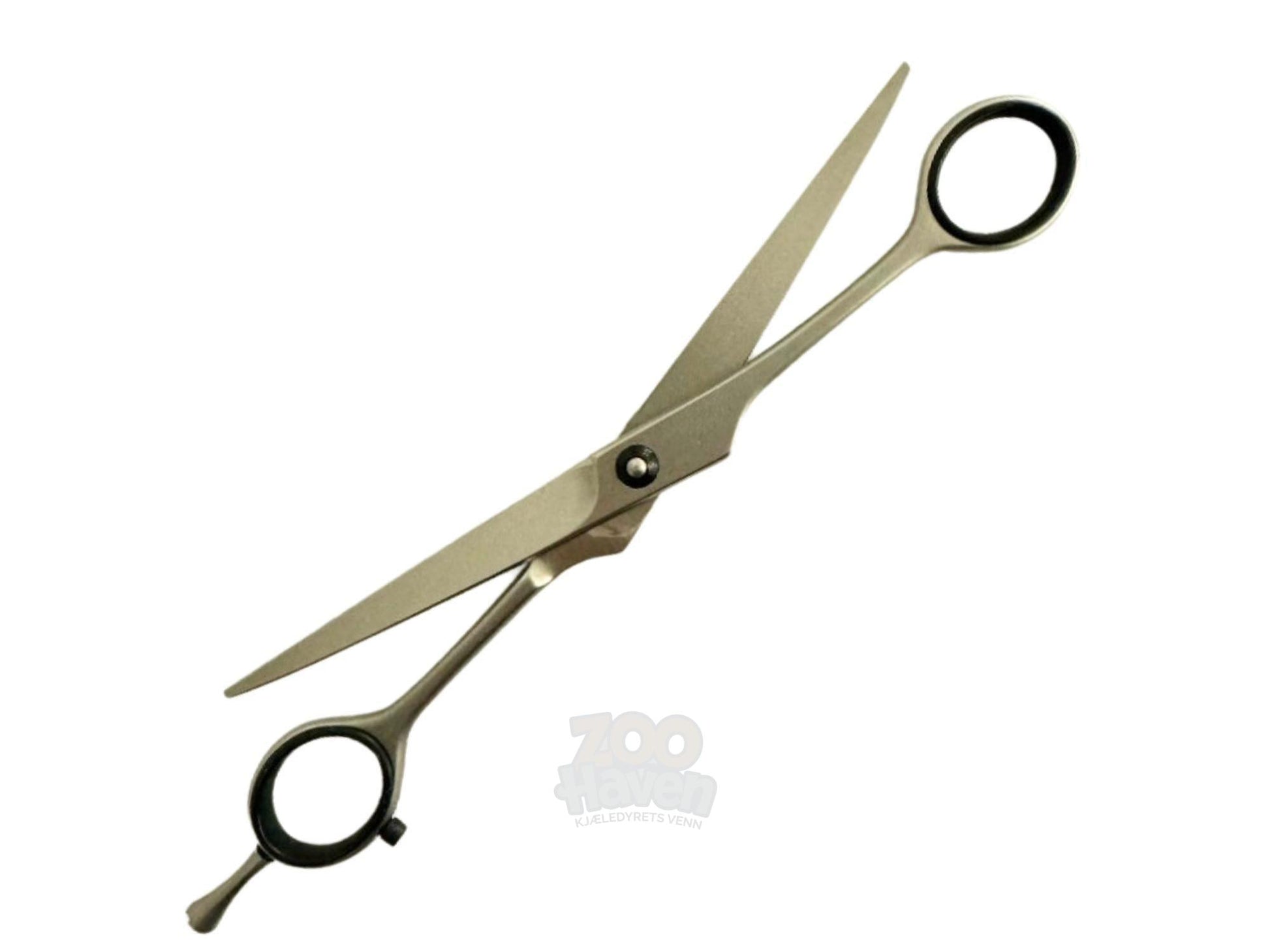 Sølvfarget KW klippesaks, 16 cm, med skarpe blader og ergonomisk grep for pelsstell.