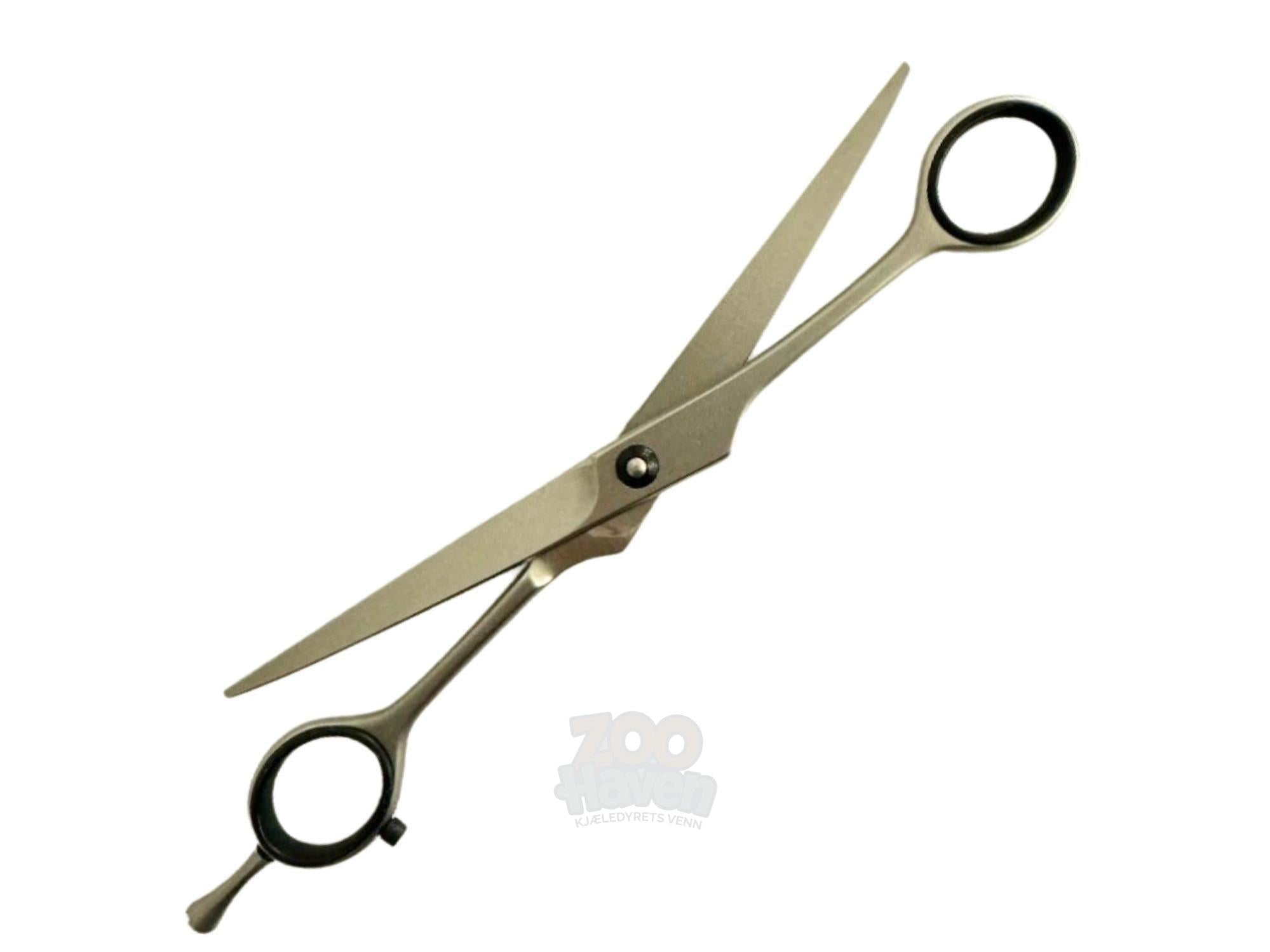Sølvfarget KW klippesaks, 16 cm, med skarpe blader og ergonomisk grep for pelsstell.