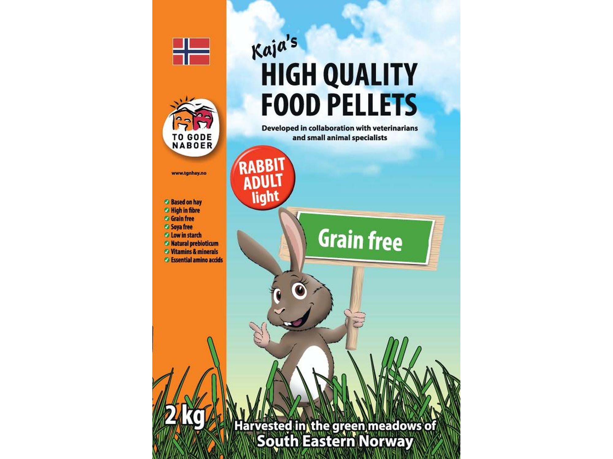 Kaja's Kanin Adult Light 2kg pose med illustrasjon av en kanin, grønt skilt og oransje detaljer.