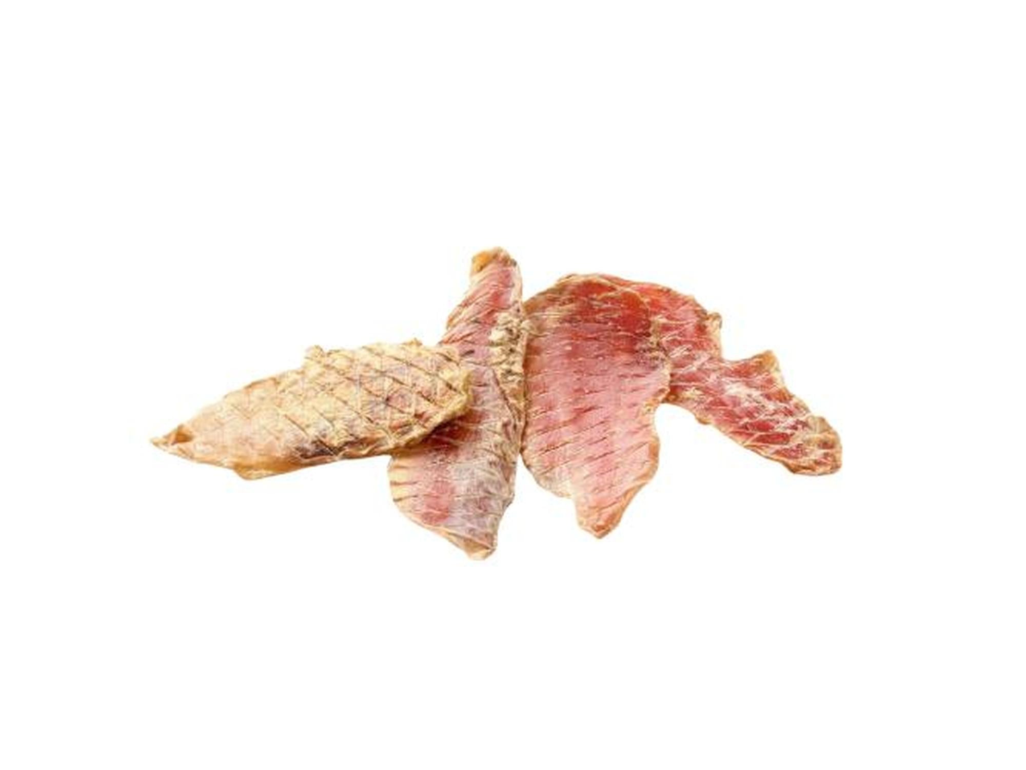 Tørkede kalkunfiletstrimler i naturlig rosa og beige farge, en tyggesnack for hund.