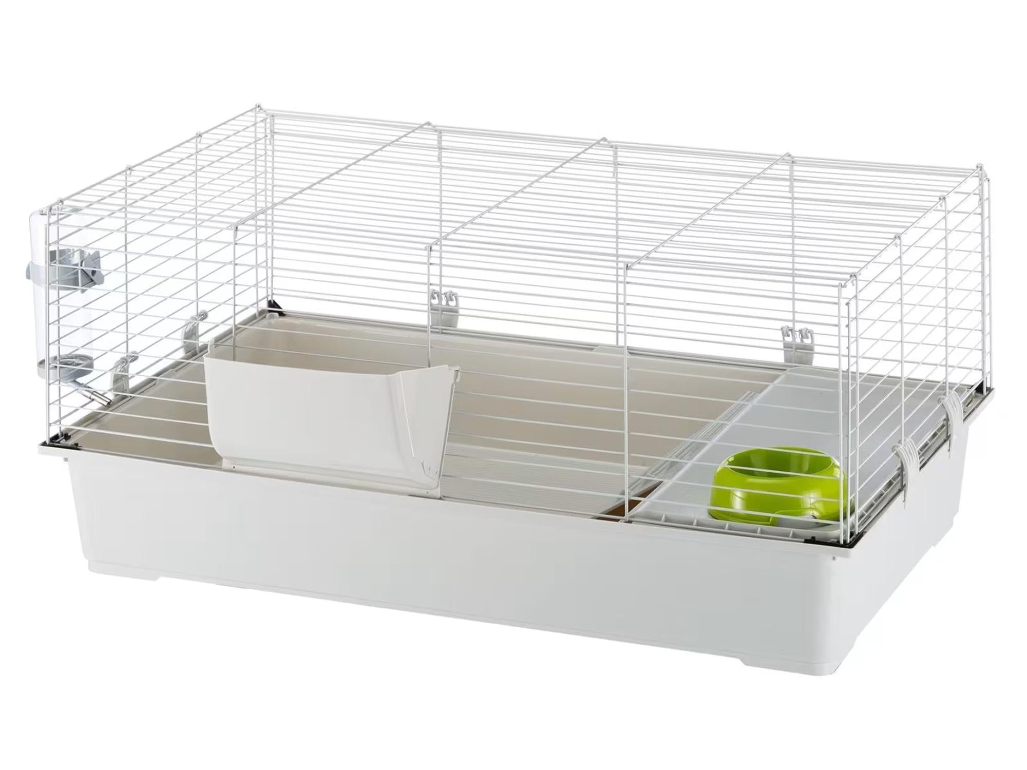Hvit Kaninbur Rabbit 100 med metallgitter, plastbunn, matskål og vannflaske.