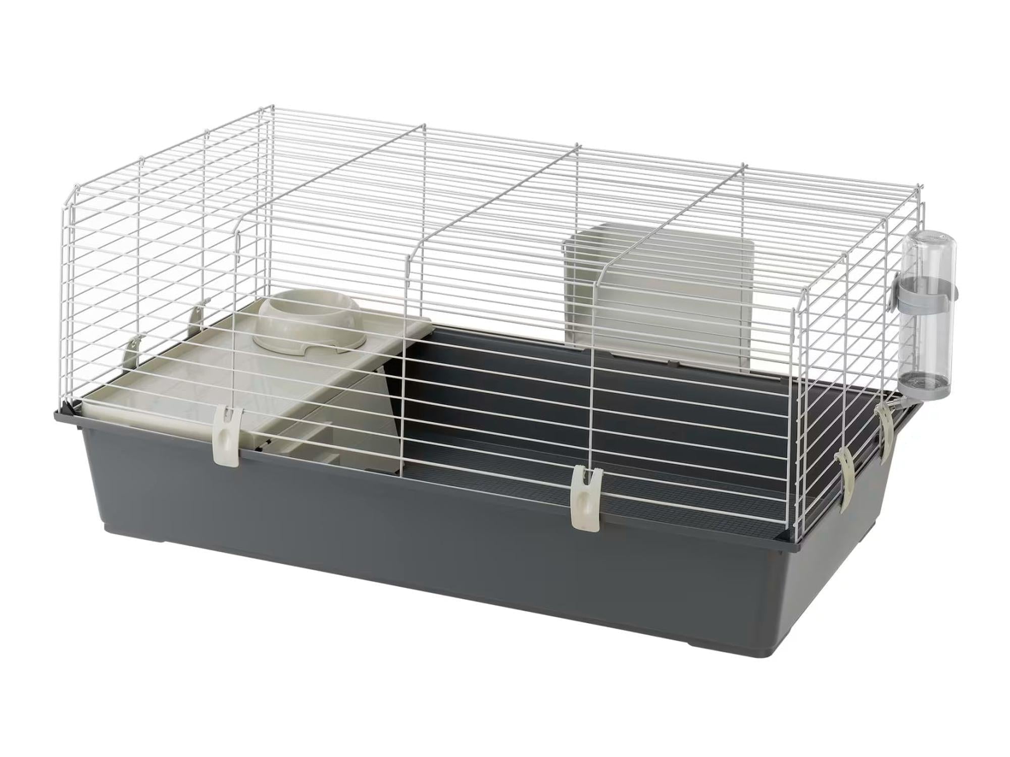 Kaninbur Rabbit 100 med grå plastbunn, metallgitter, matskål, vannflaske og hylle.