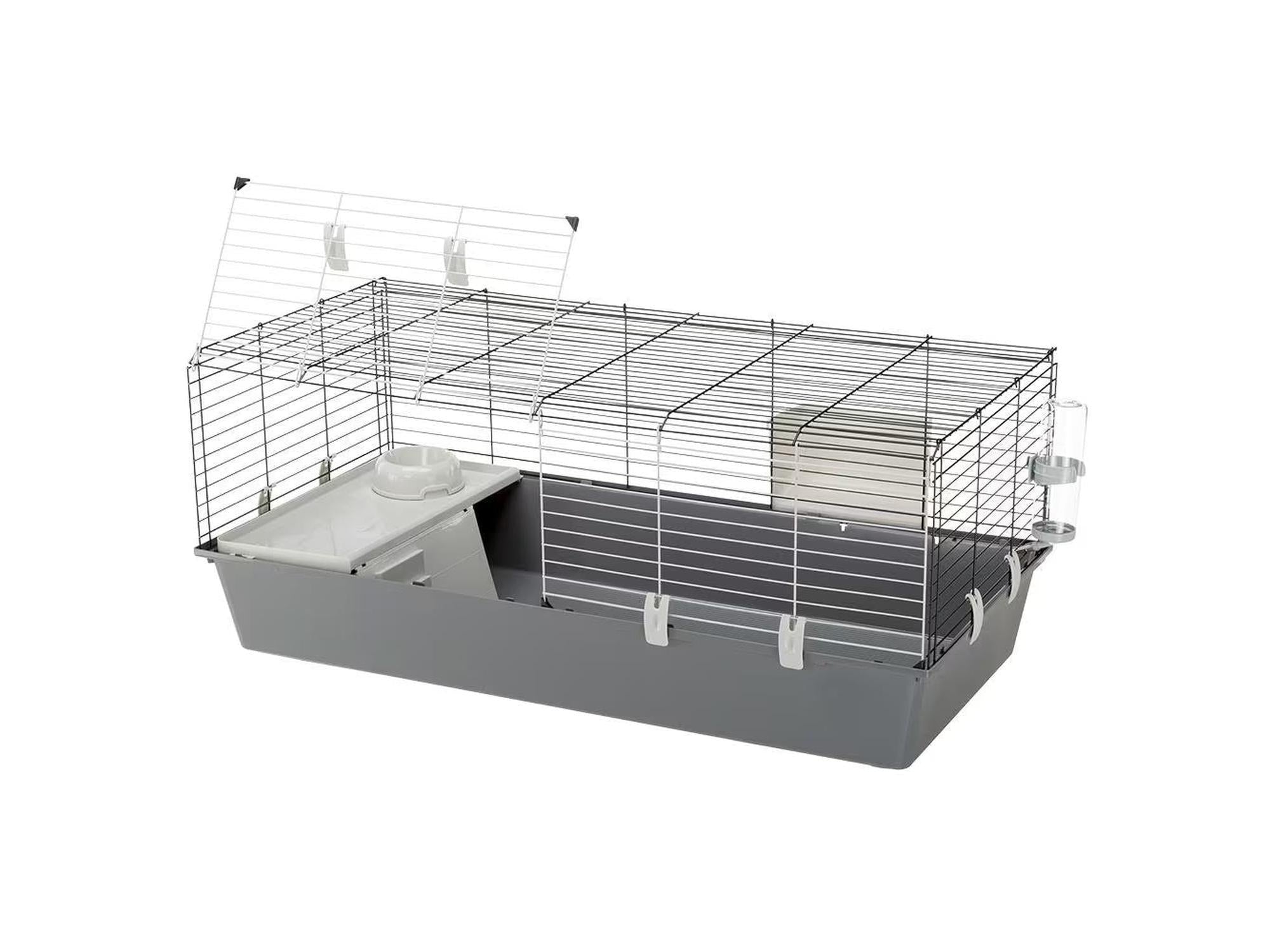 Kaninbur Rabbit 120 med grå plastbunn, svart metallgitter, hylle, matskål og vannflaske.