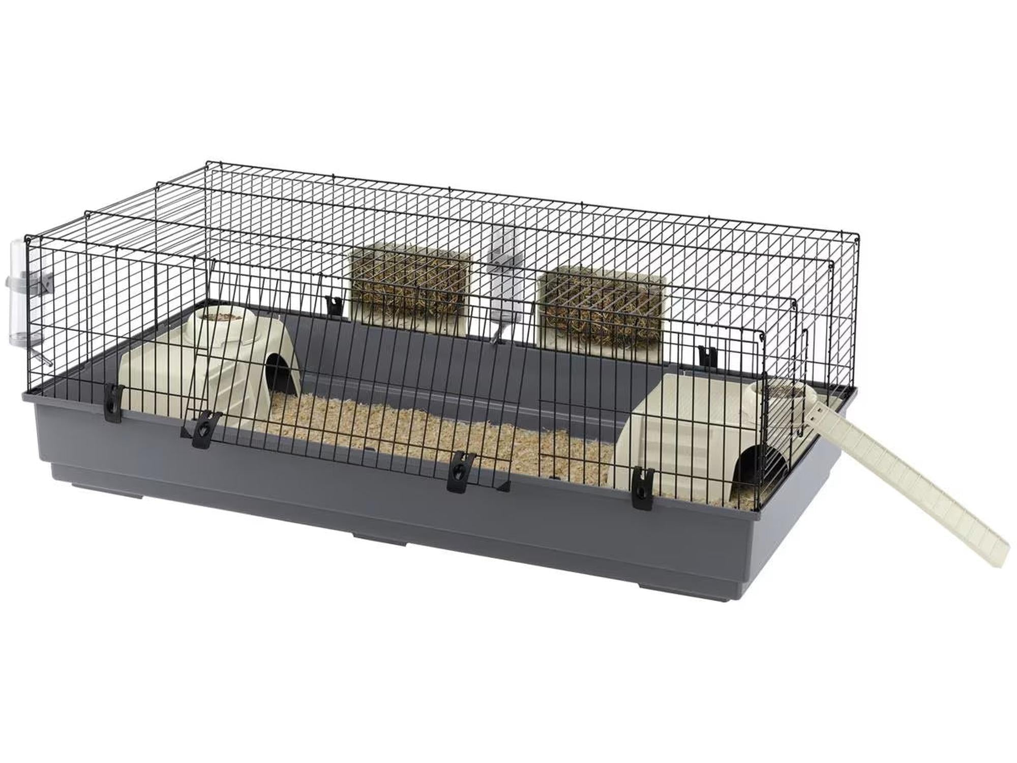 Stort Kaninbur Rabbit 140 med grå bunn, sort netting, to hvite hus, vannflaske og rampe.
