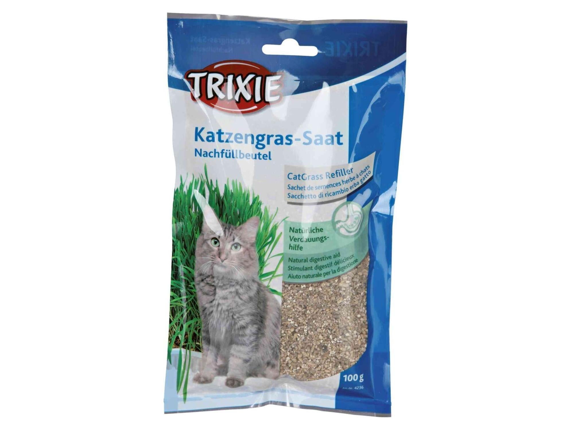 Trixie Kattegress 100g frøpakke med bilde av grått gress og en katt.