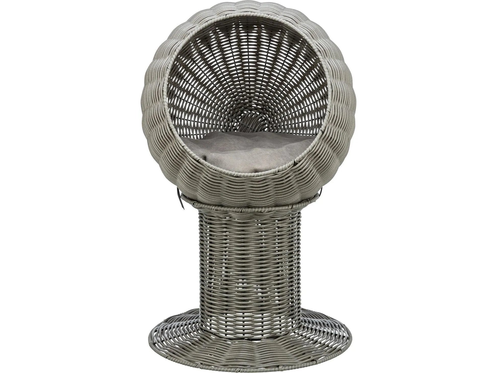 Grå polyrattan kattehule utemøbel med rund form og myk pute.