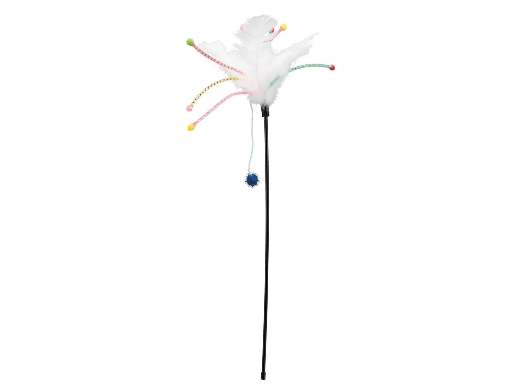 Hvit katteleke med fjær og fargerike snorer på en svart plastpinne, 41cm.