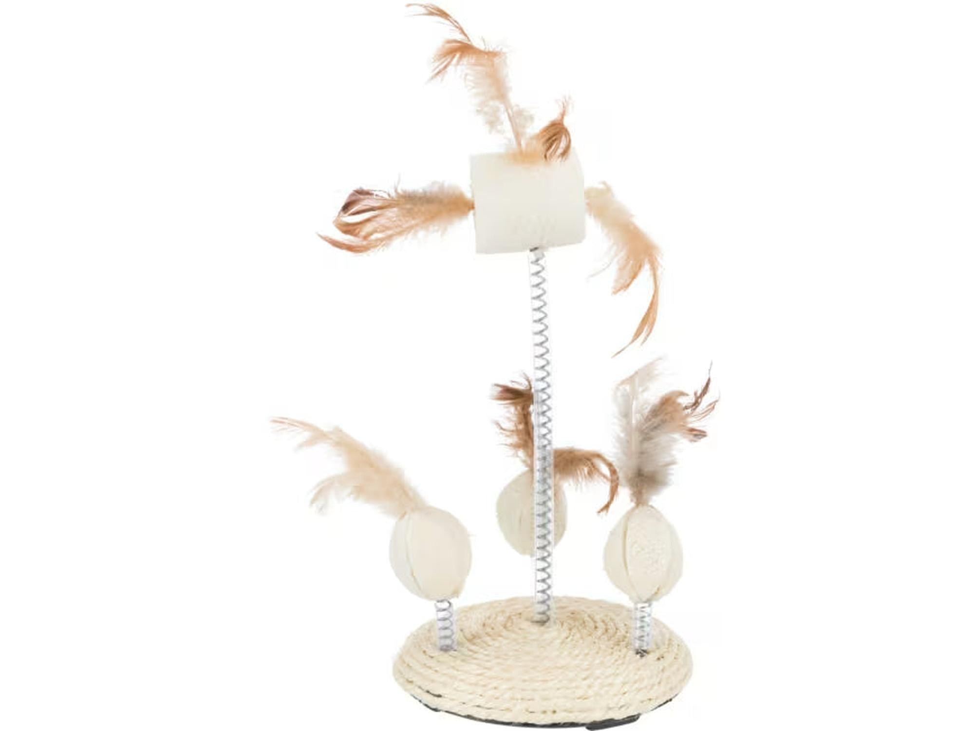 Katteleke med sisalbase, metallfjær, luffaballer og beige fjær, 30 cm høy.