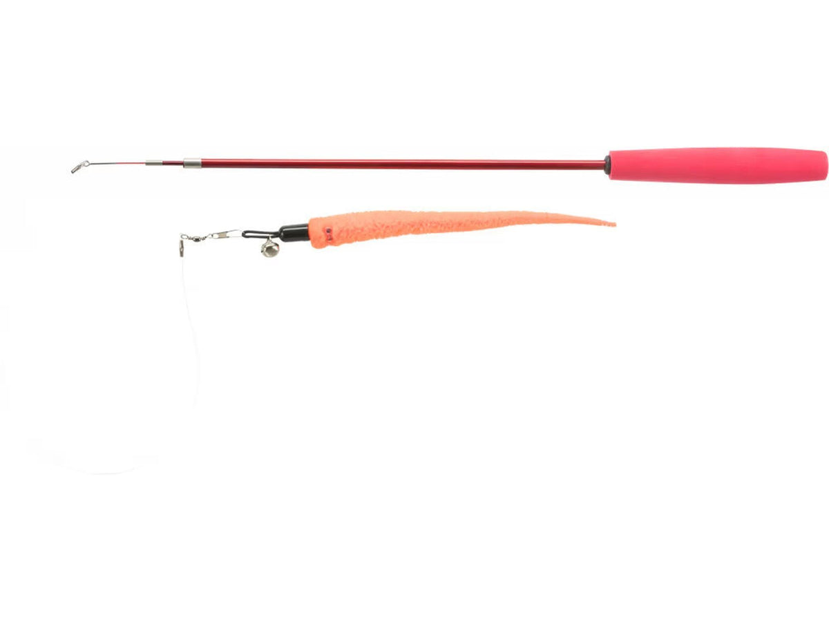 Rød teleskopisk fiskestang katteleke med rosa EVA-håndtak og oransje larve med bjelle.