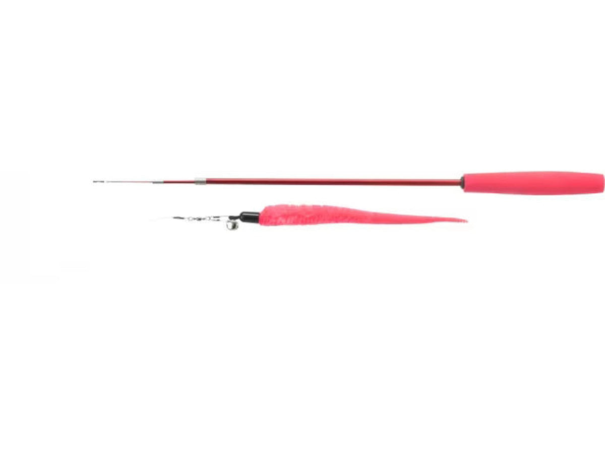 Rød teleskopisk katteleke fiskestang med rosa larve og bjelle, justerbar 38–98 cm.