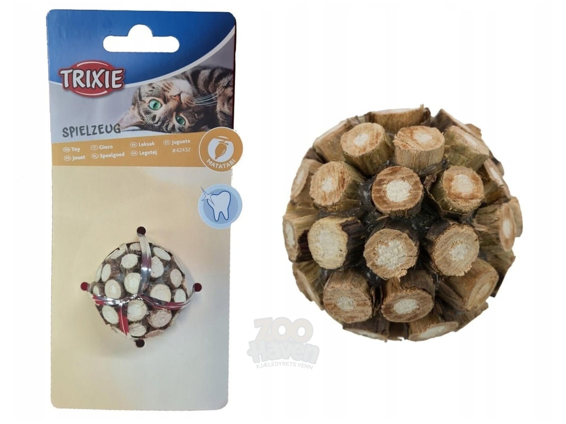 Brun matatabi ball katteleke med bjelle og plastkule, Ø4 cm, i Trixie-emballasje.