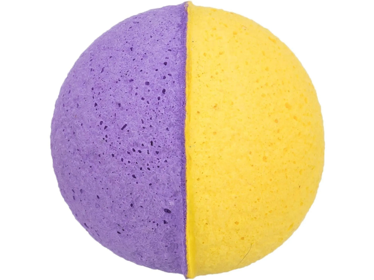 Lilla og gul skumgummiball (Ø4,5 cm) for katter, lett og myk katteleke.