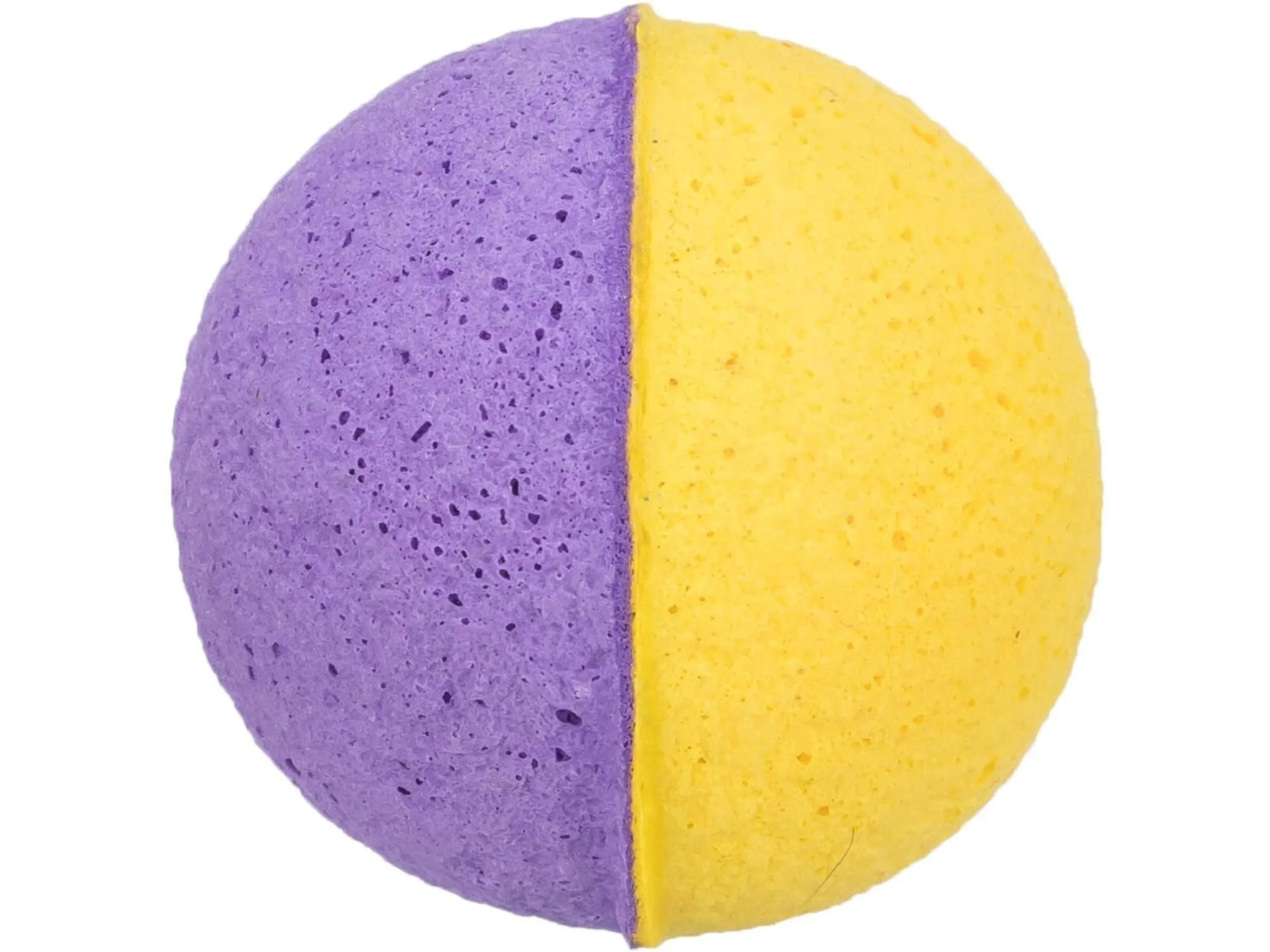 Lilla og gul skumgummiball (Ø4,5 cm) for katter, lett og myk katteleke.