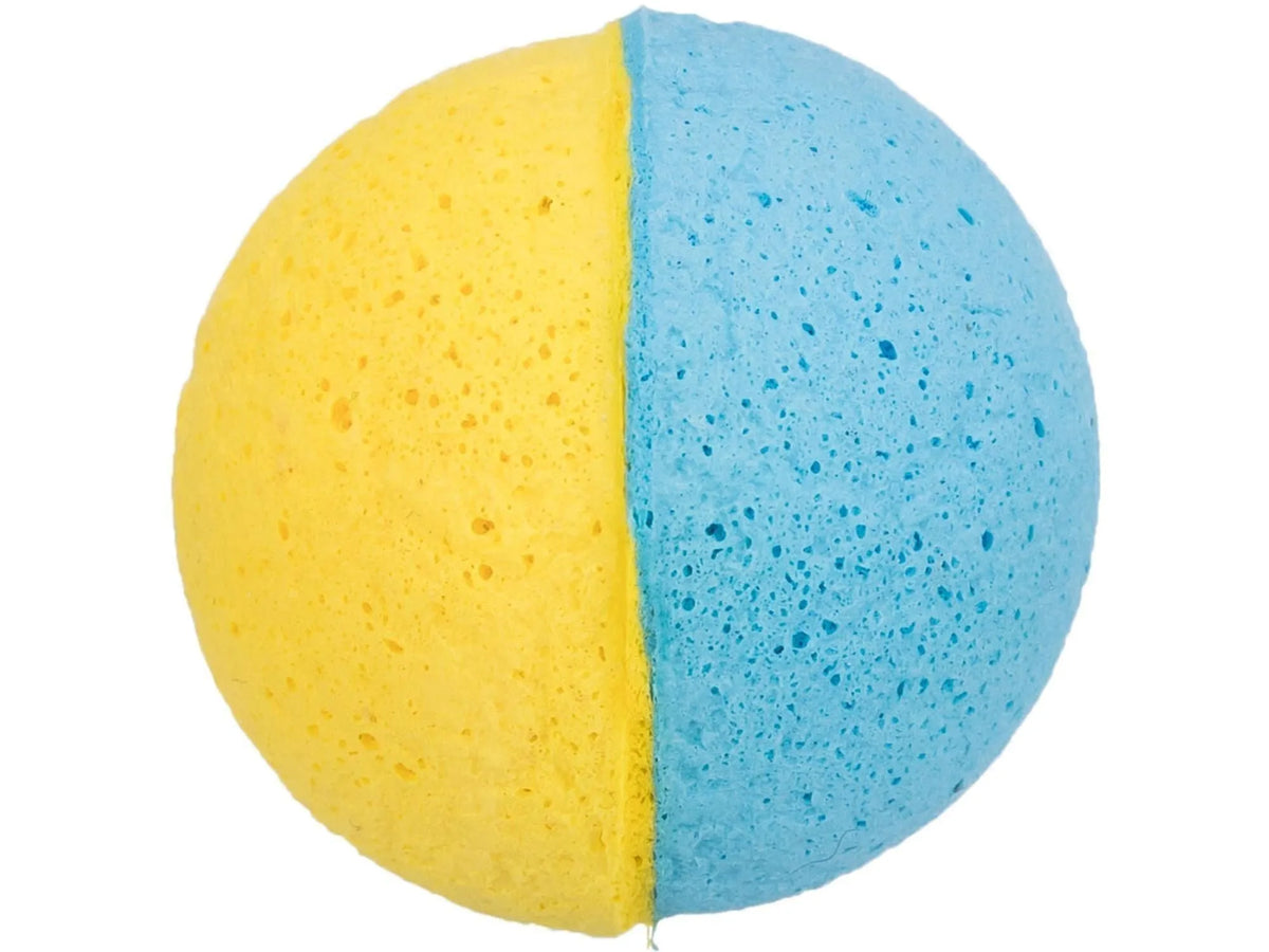 Gul og blå skumgummiball (Ø4,5 cm) for katter, lett og myk leke.