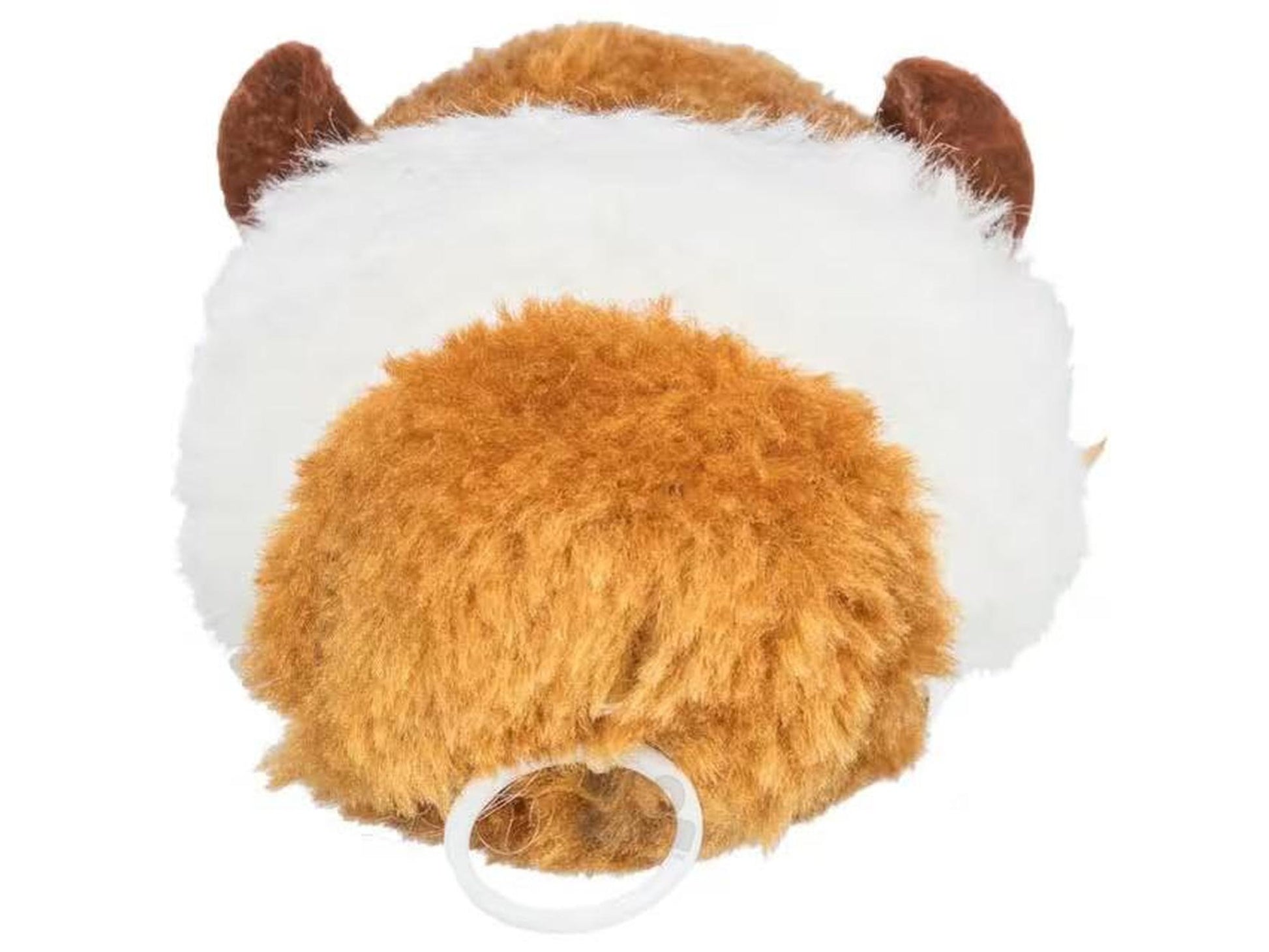 Brun og hvit trekkoppbar plysjleke for katt, med myk polyesterpels og en hvit trekkoppring.