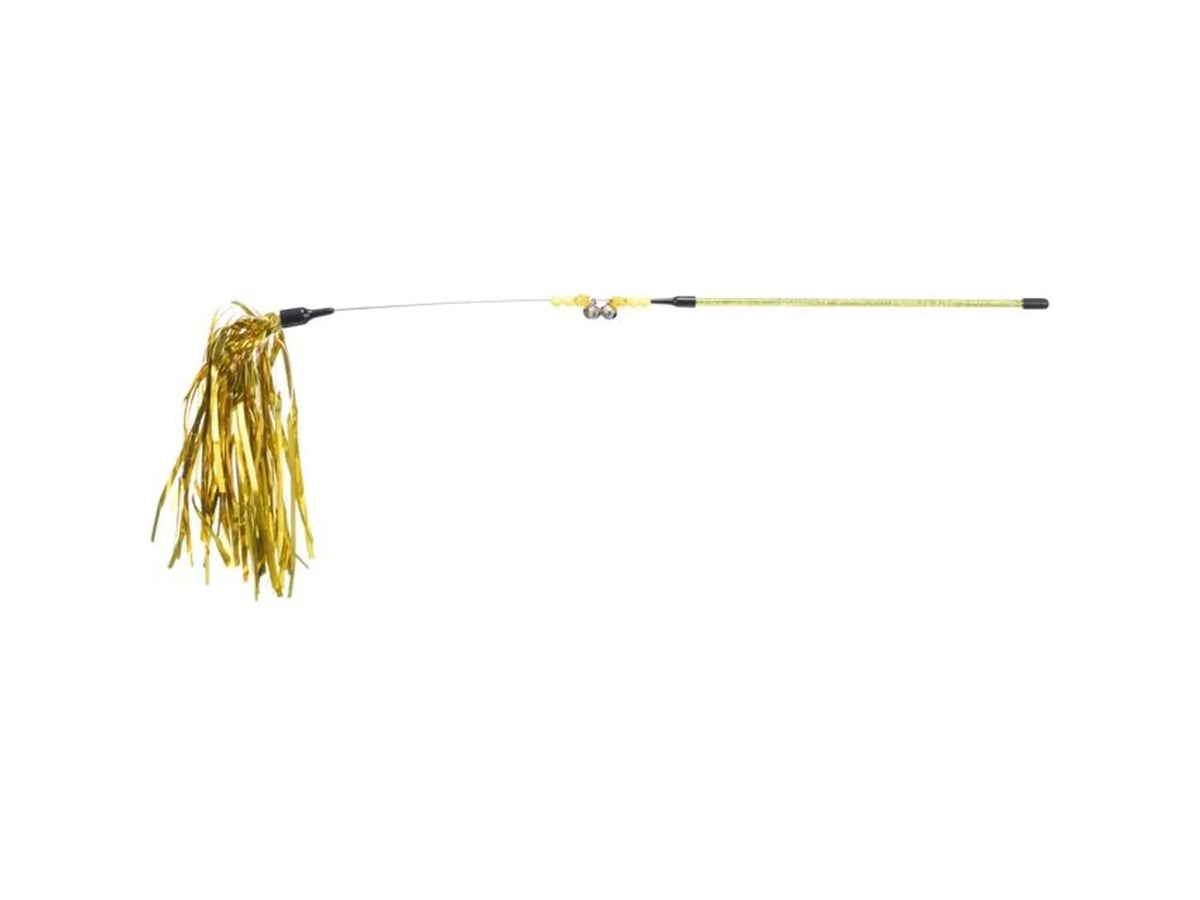 Gullfarget fiskestang-katteleke i juledesign, 48 cm lang, med skinnende frynser og bjeller.