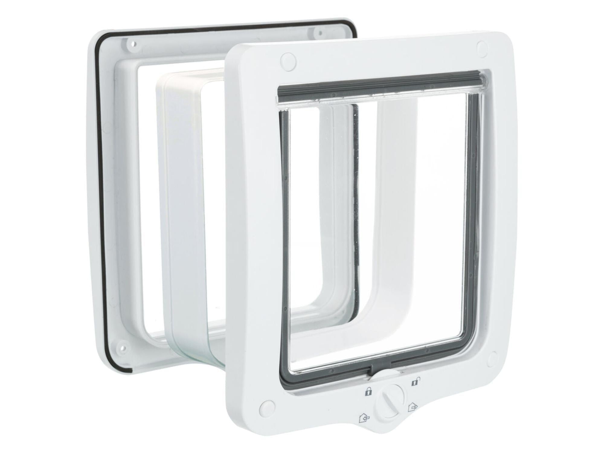 Hvit Trixie 4-veis XL katteluke/hundeluke med tunnel, transparent dør og låsemekanisme.