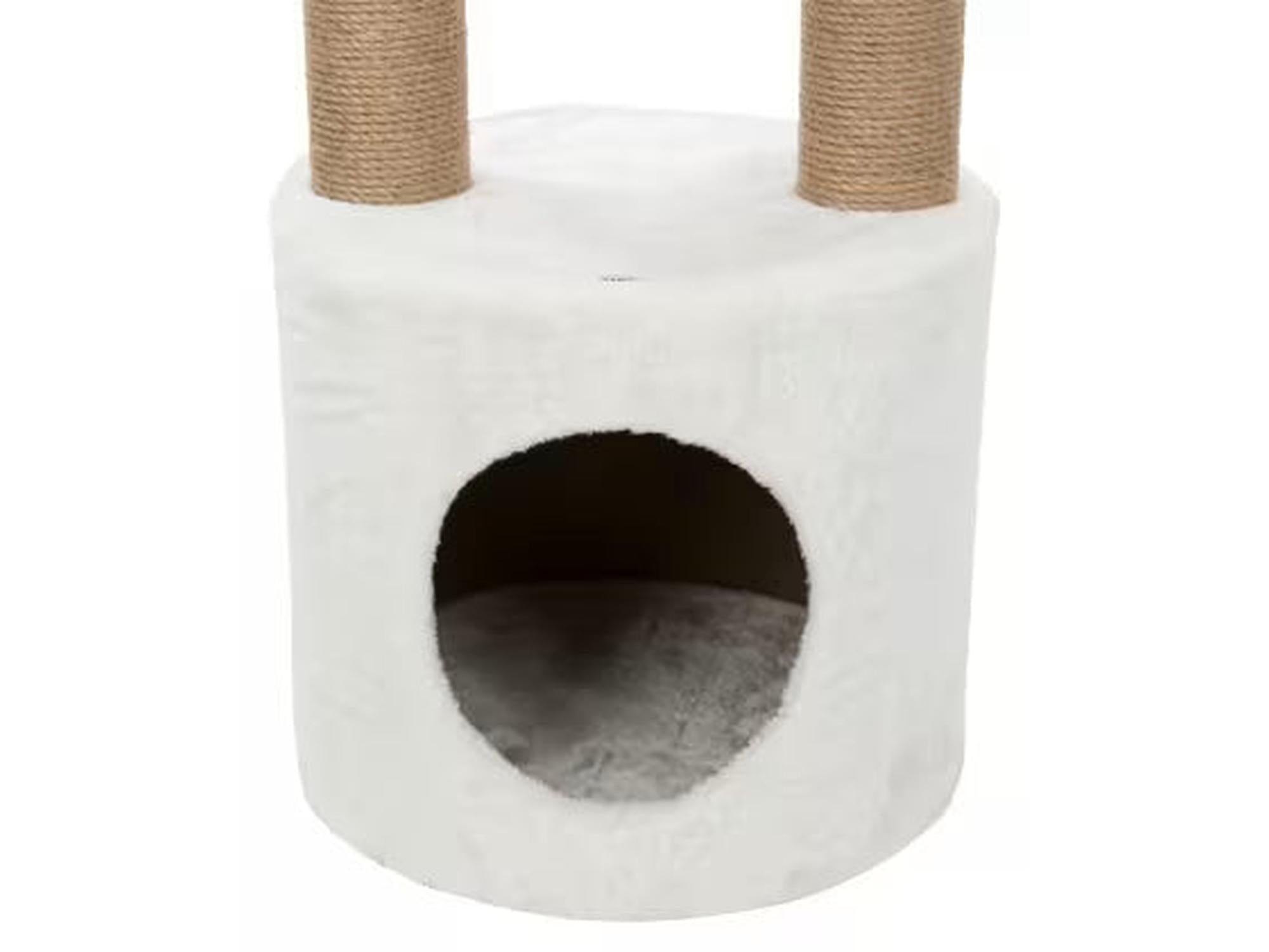 Hvit/jute kattemøbel med myk hule og jutestolper for kloring.