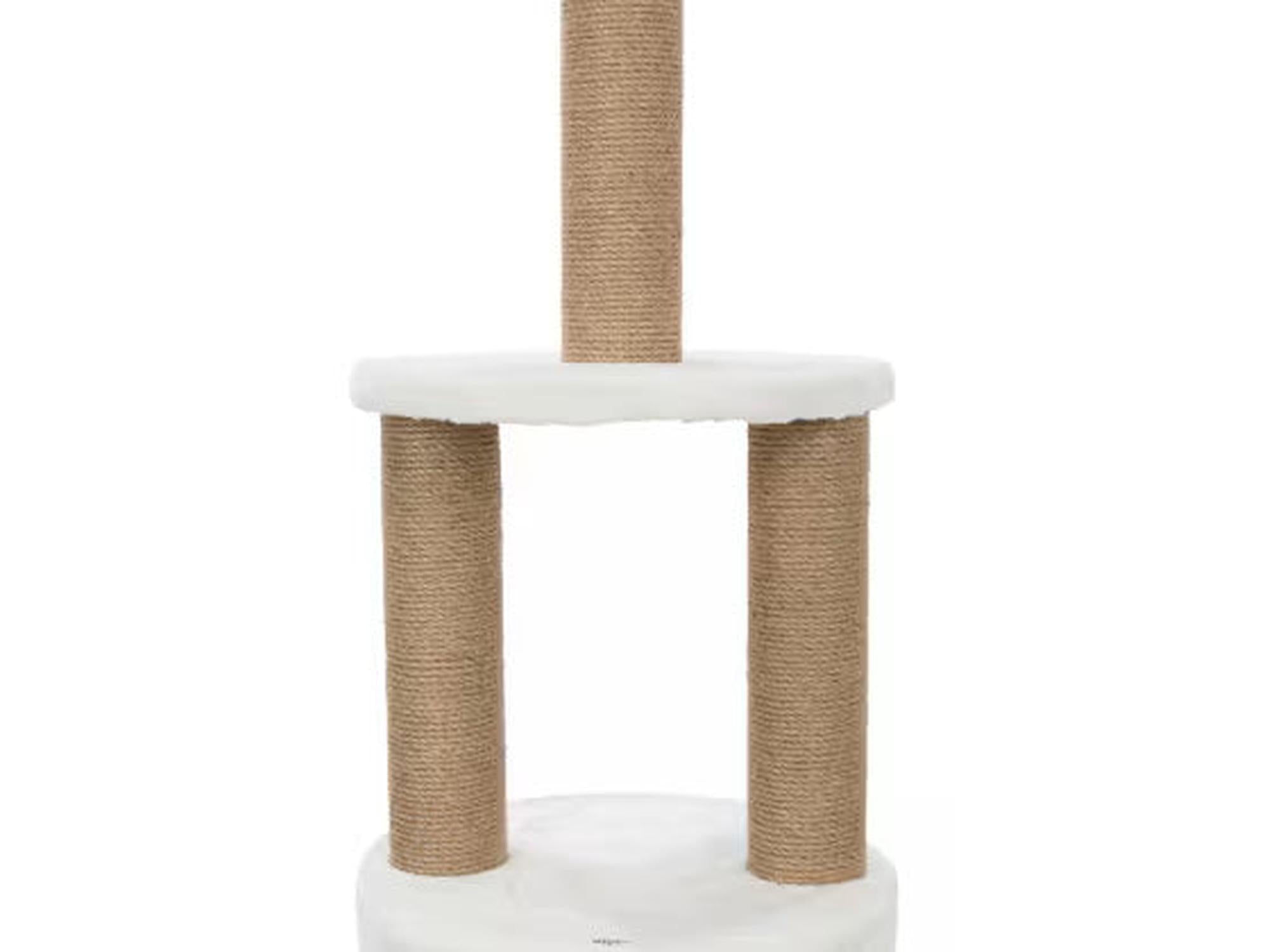 Hvit og jute takhøyt kattetårn med klorestolper og plattformer.