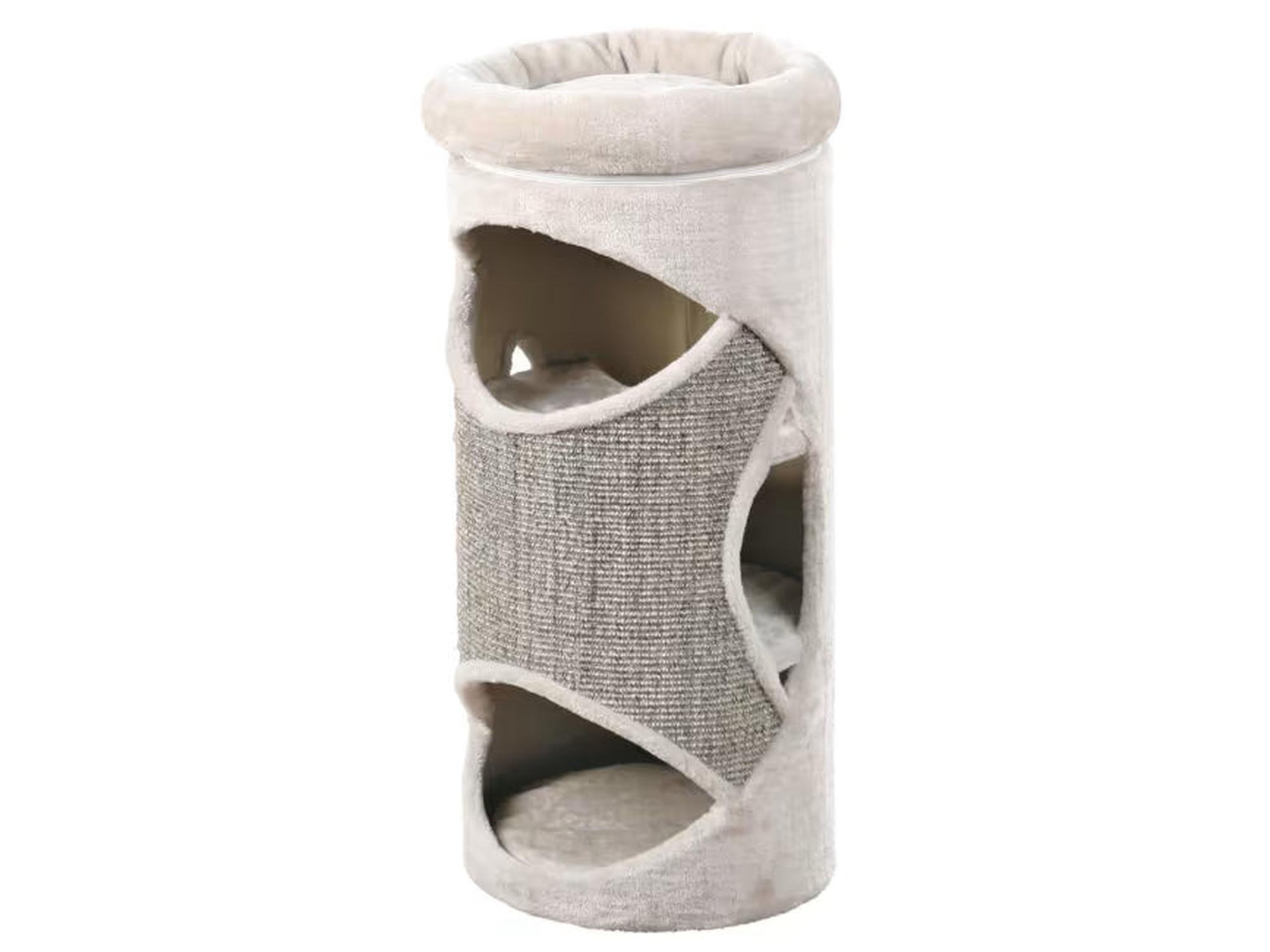 Lysegrå Kattemøbel Cat Tower Gracia Ø38x85cm med sisal klorestamme, huler og plysj liggeplasser.