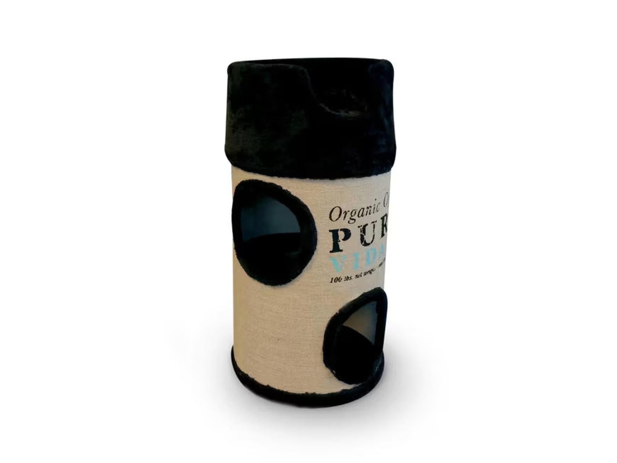 Sort og beige Kattemøbel Cat Tower Pura Vida med sisal, plysj og dekorativt trykk.