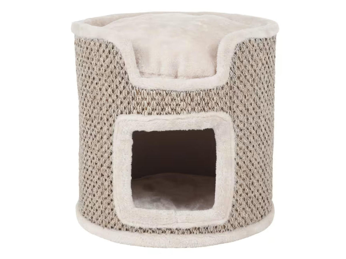 Lysegrå kattemøbel Cat Tower Ria med sisal og myk plysj, 37cm høy, med hule og topp seng.