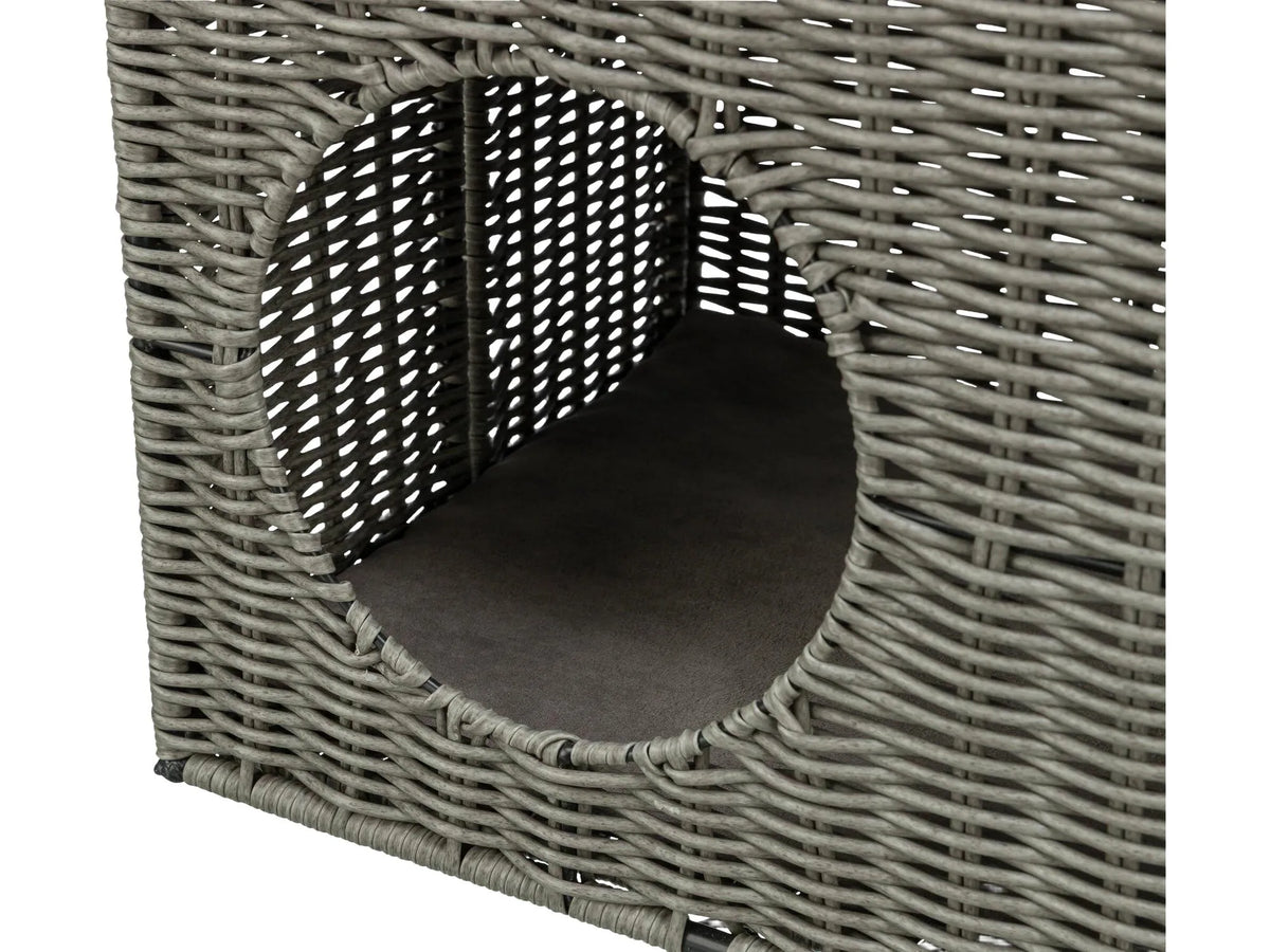 Grått polyrattan kattemøbel med to etasjer og myke puter, 37x35x57 cm.