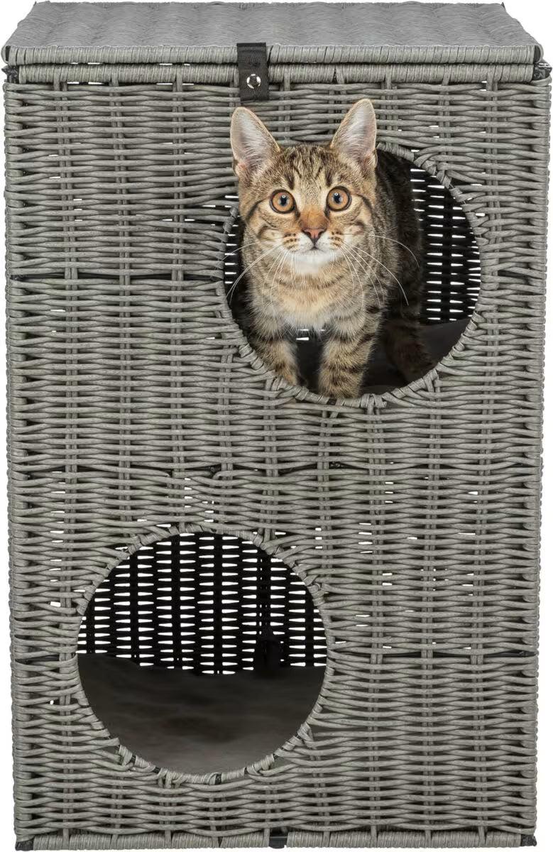 Grått polyrattan kattemøbel med to etasjer og en tabbykatt som titter ut av øvre åpning.