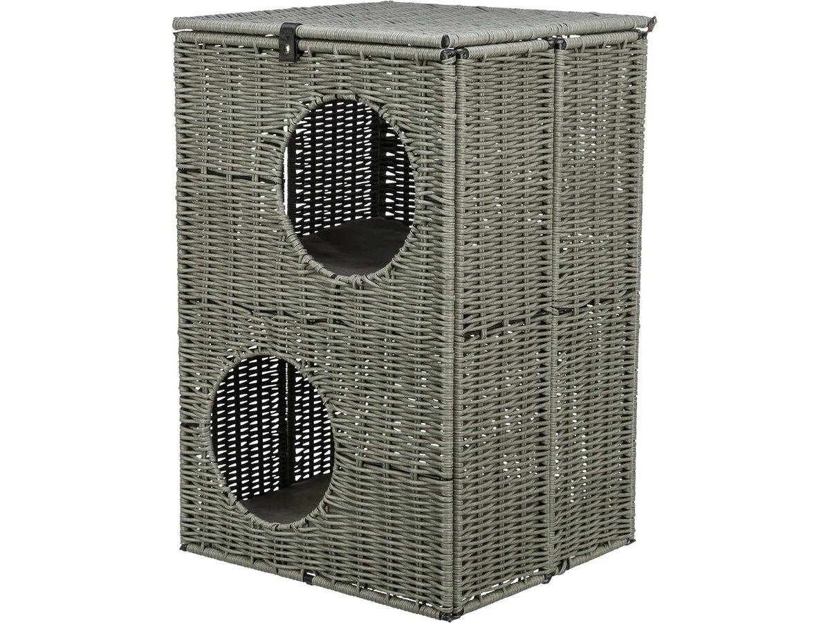 Grått polyrattan kattemøbel for utebruk, 37x35x57 cm, med to etasjer og ovale innganger.