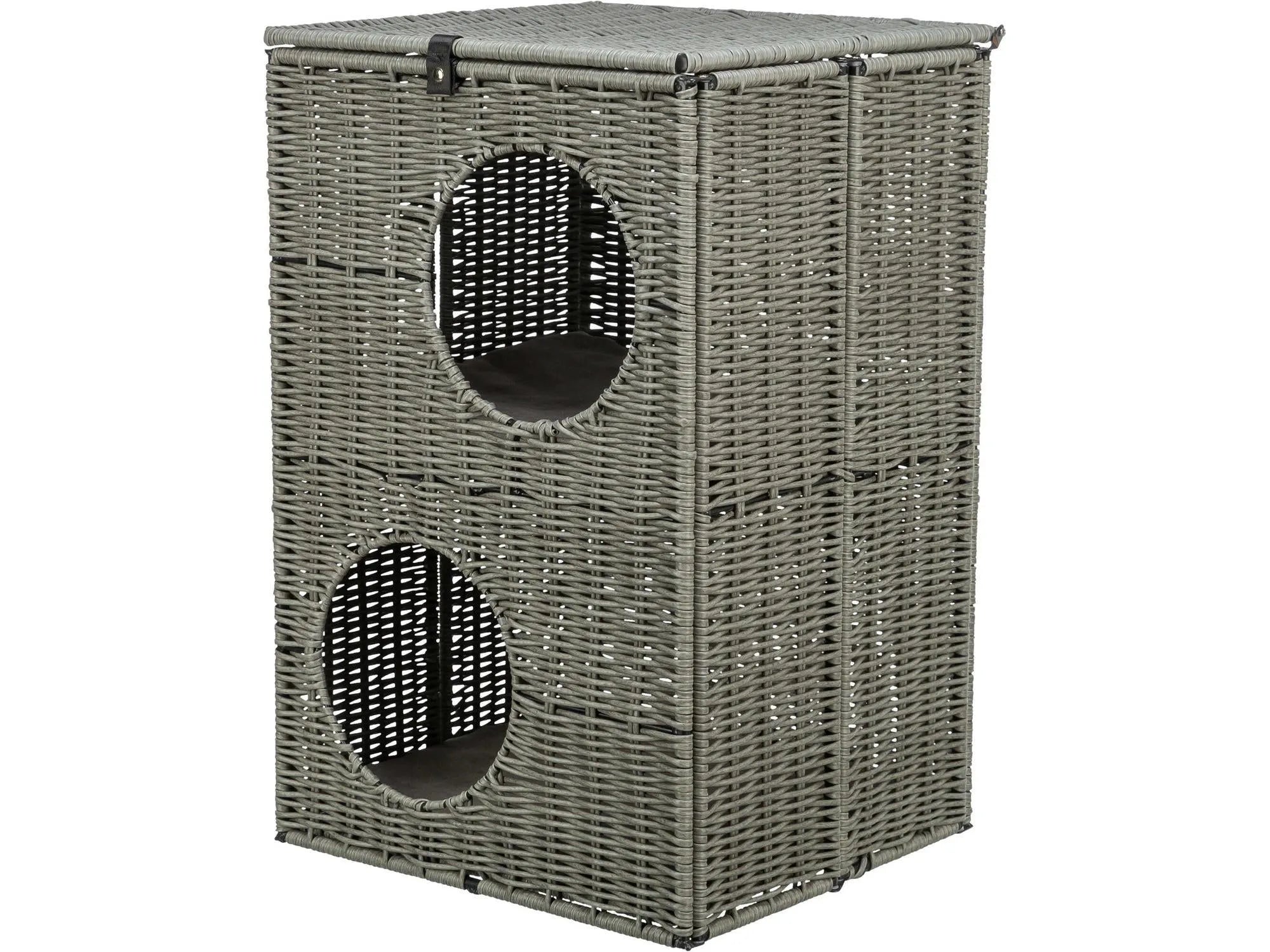 Grått polyrattan kattemøbel for utebruk, 37x35x57 cm, med to etasjer og ovale innganger.