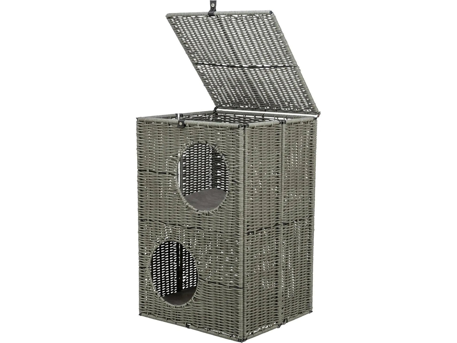 Grått polyrattan kattemøbel med 2 etasjer, åpnet topp og myke puter.