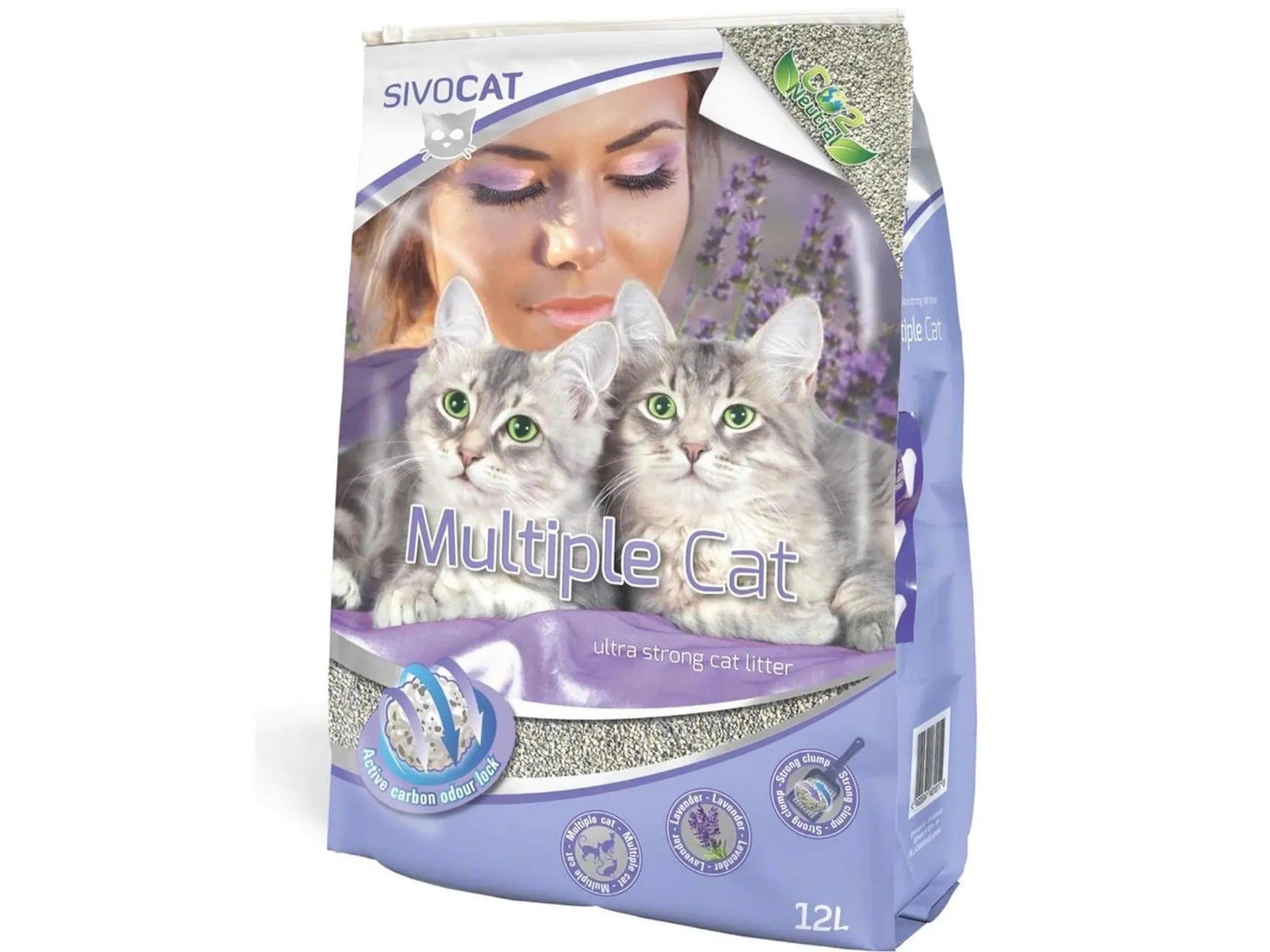 Sivocat Multiple Cat kattesand 12L pose med to grå katter og lavendelbakgrunn.