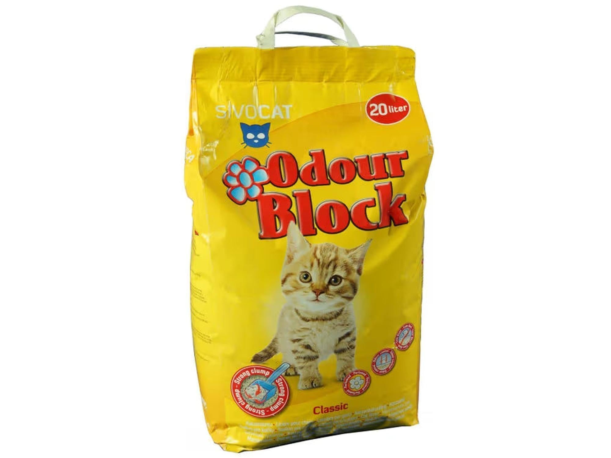 Gul Sivocat Odour Block klumpesand 20 liter/19 kg med kattunge og bærehåndtak.