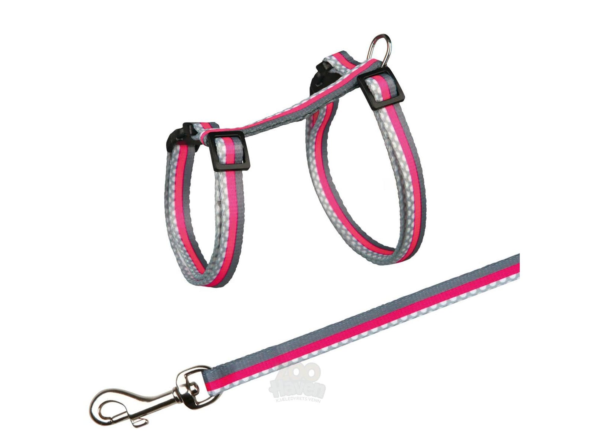 Justerbar kattesele i grå og rosa nylon med reflekterende stripe og matchende 1,20m line.