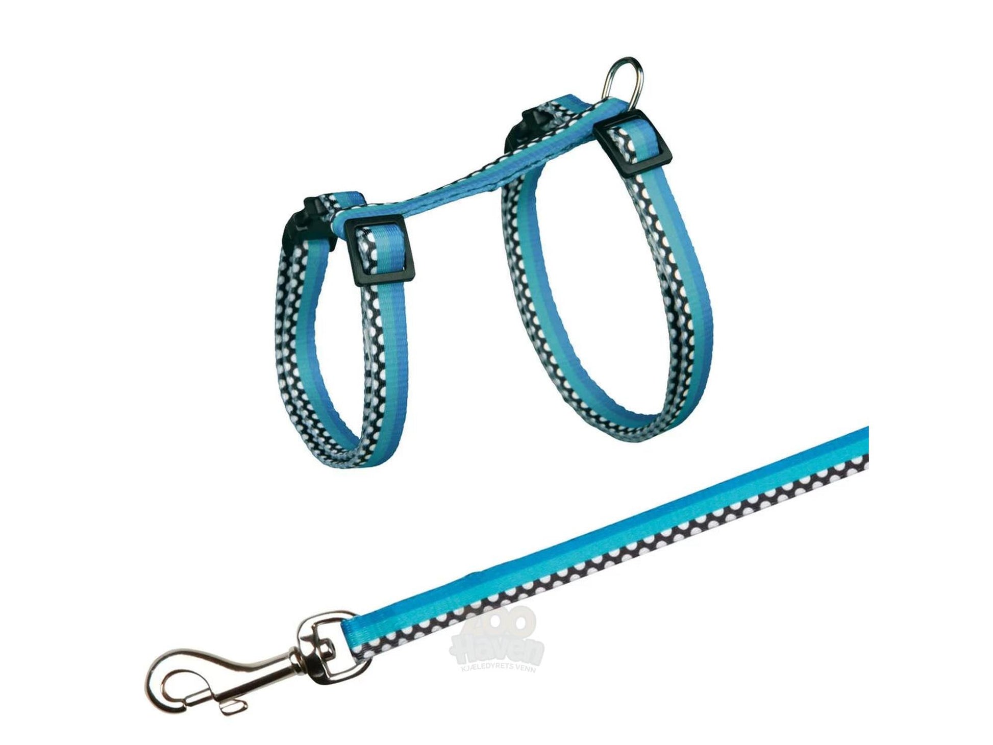 Blå Freshline Spot kattesele i nylon med hvite prikker, justerbar 27-45cm, og matchende 1,20m line.