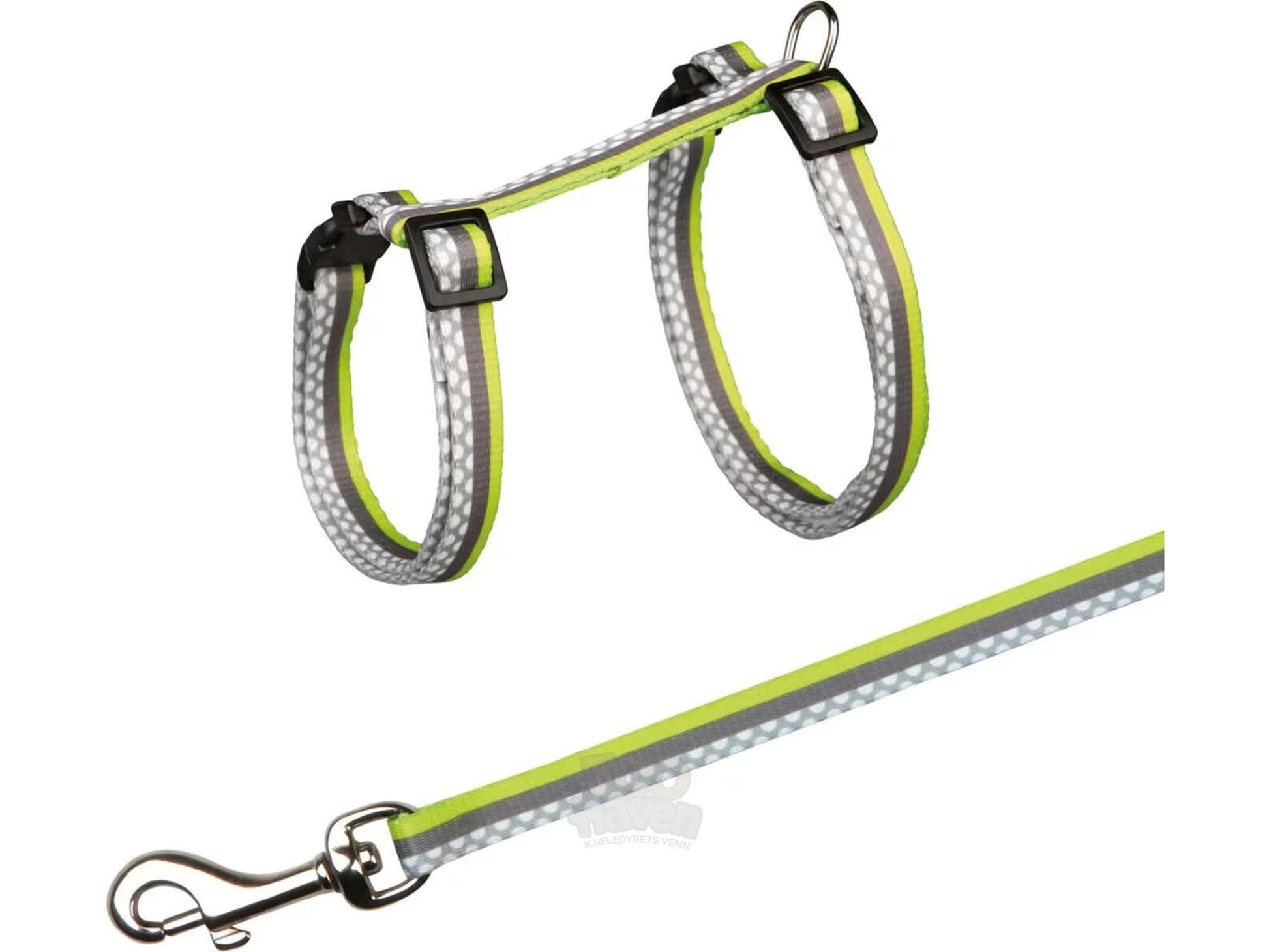 Justerbar kattesele i grå og limegrønn nylon med reflekterende prikker og matchende line.