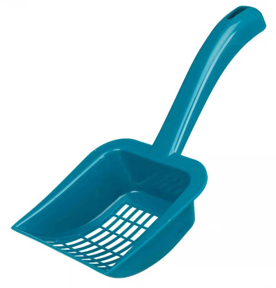Turkisblå, dyp kattespade i plast med grov siling, ideell for granulatbasert kattesand.