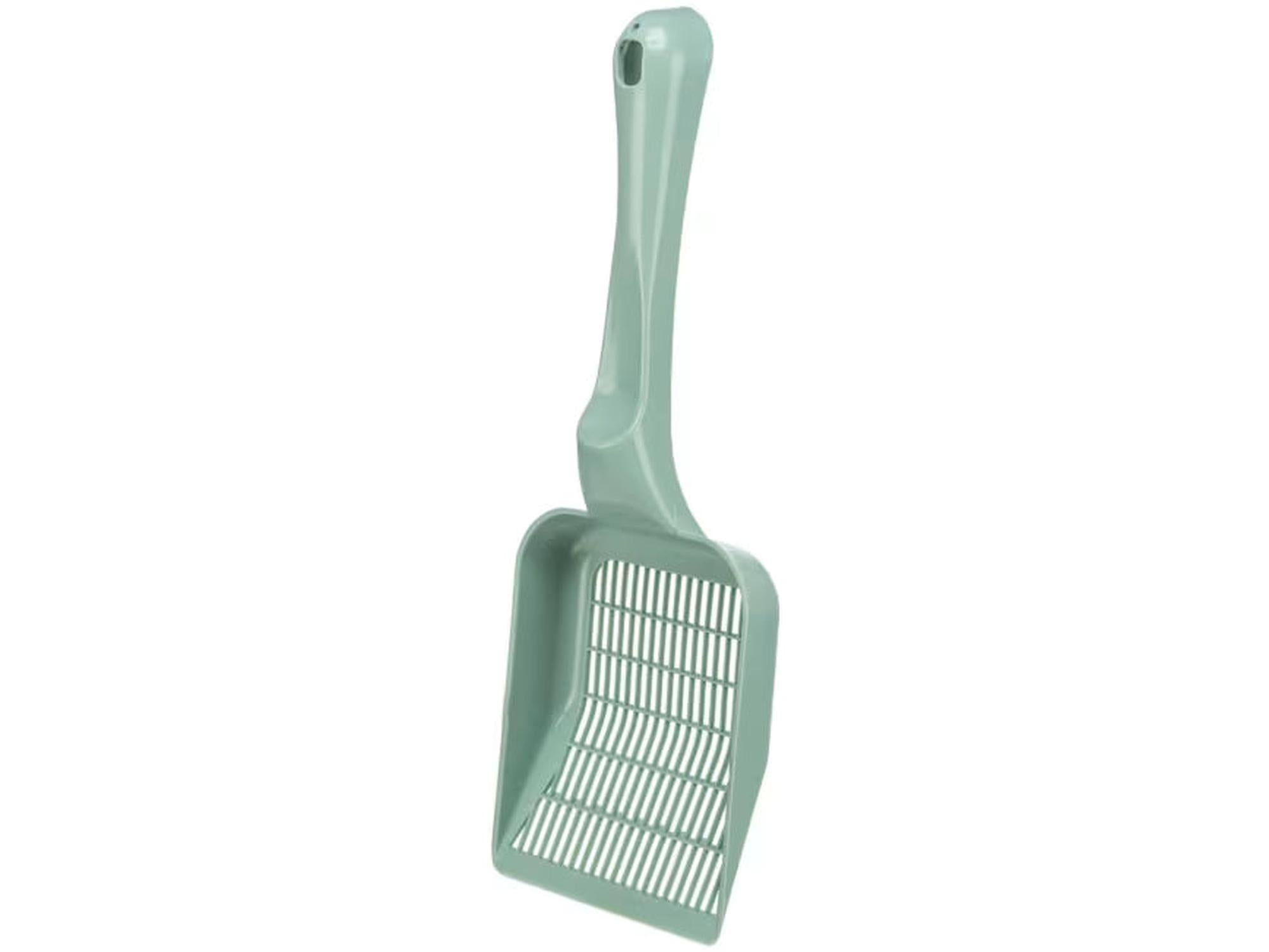 Mintgrønn, finmasket kattesandspade i plast med ergonomisk håndtak for enkel rengjøring.