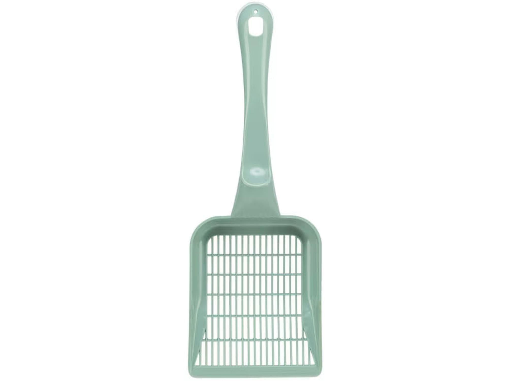 Mintgrønn finmasket kattesandspade i plast med langt håndtak for enkel rengjøring av kattedo.