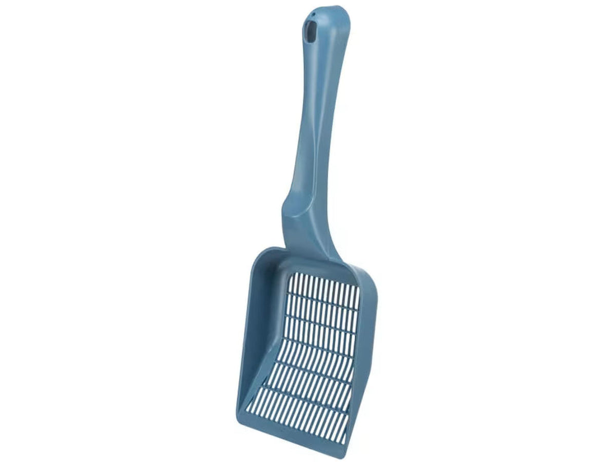 Blå finmasket kattespade i plast for enkel rengjøring av kattedo.