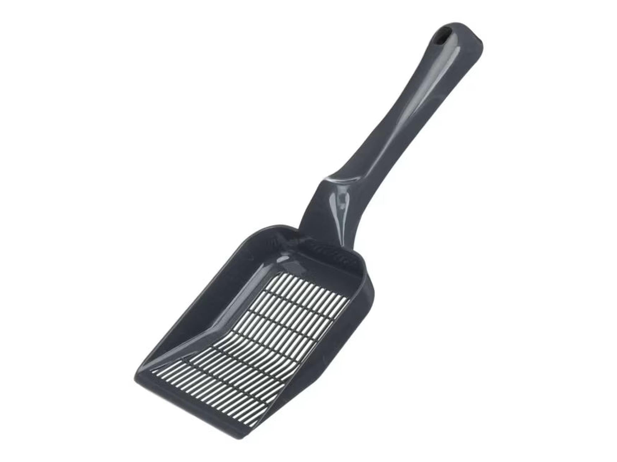 Mørkegrå finmasket kattespade i plast med langt håndtak for enkel rengjøring av kattedo.