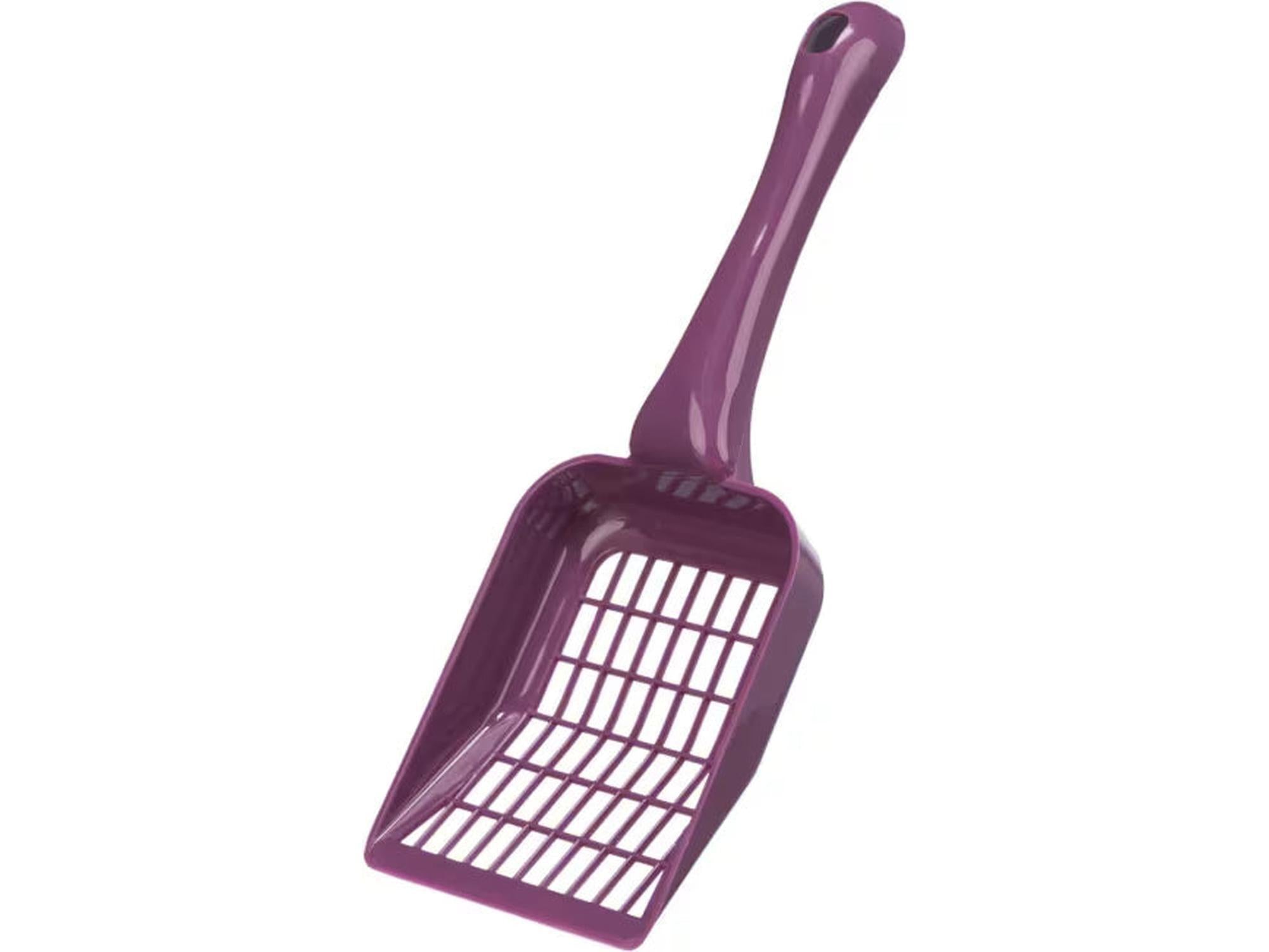 Lilla kattespade i plast med grov, perforert spadeflate og langt håndtak for rengjøring av kattedo.